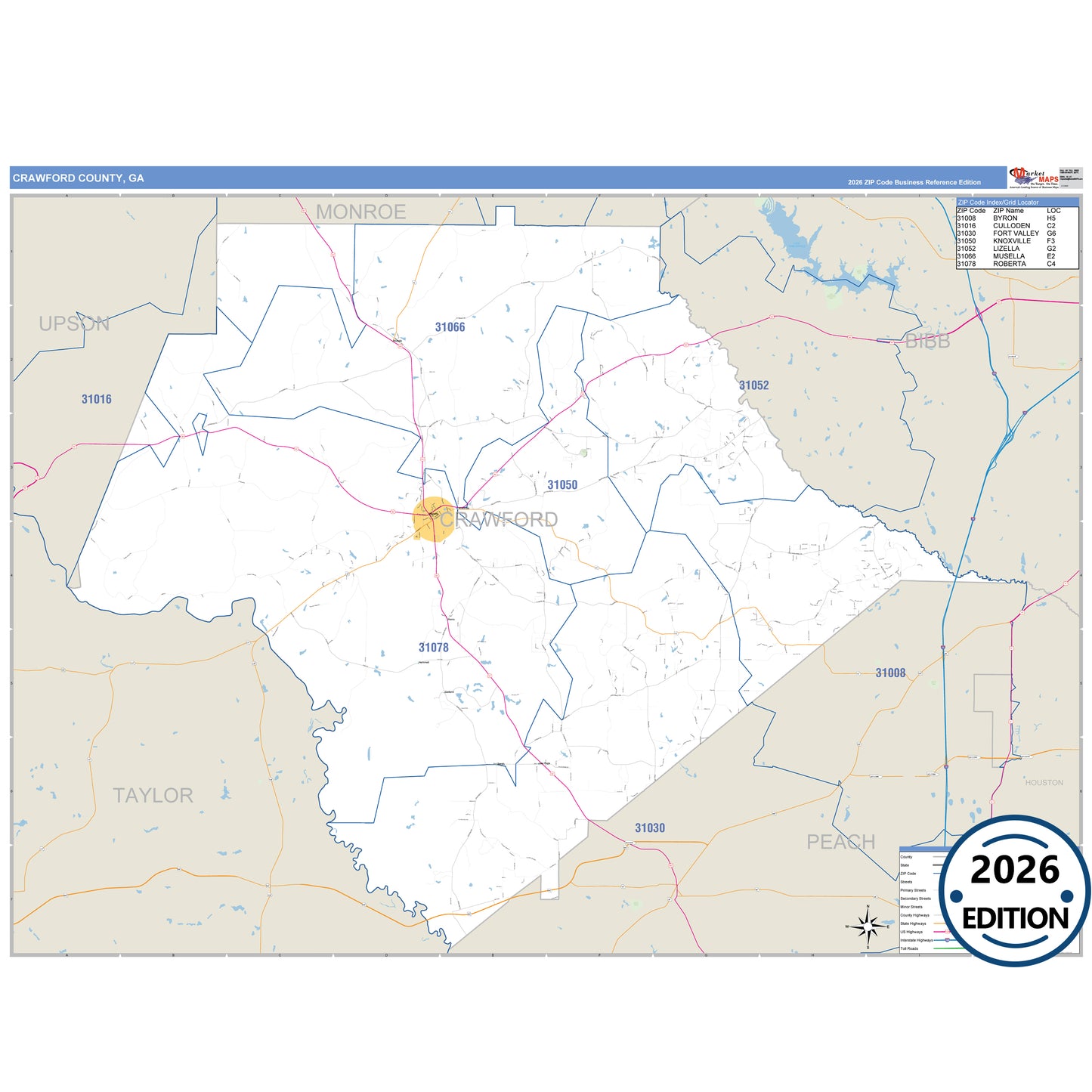 Crawford County, GA Business Reference 5 Digit ZIP Code Wall Map