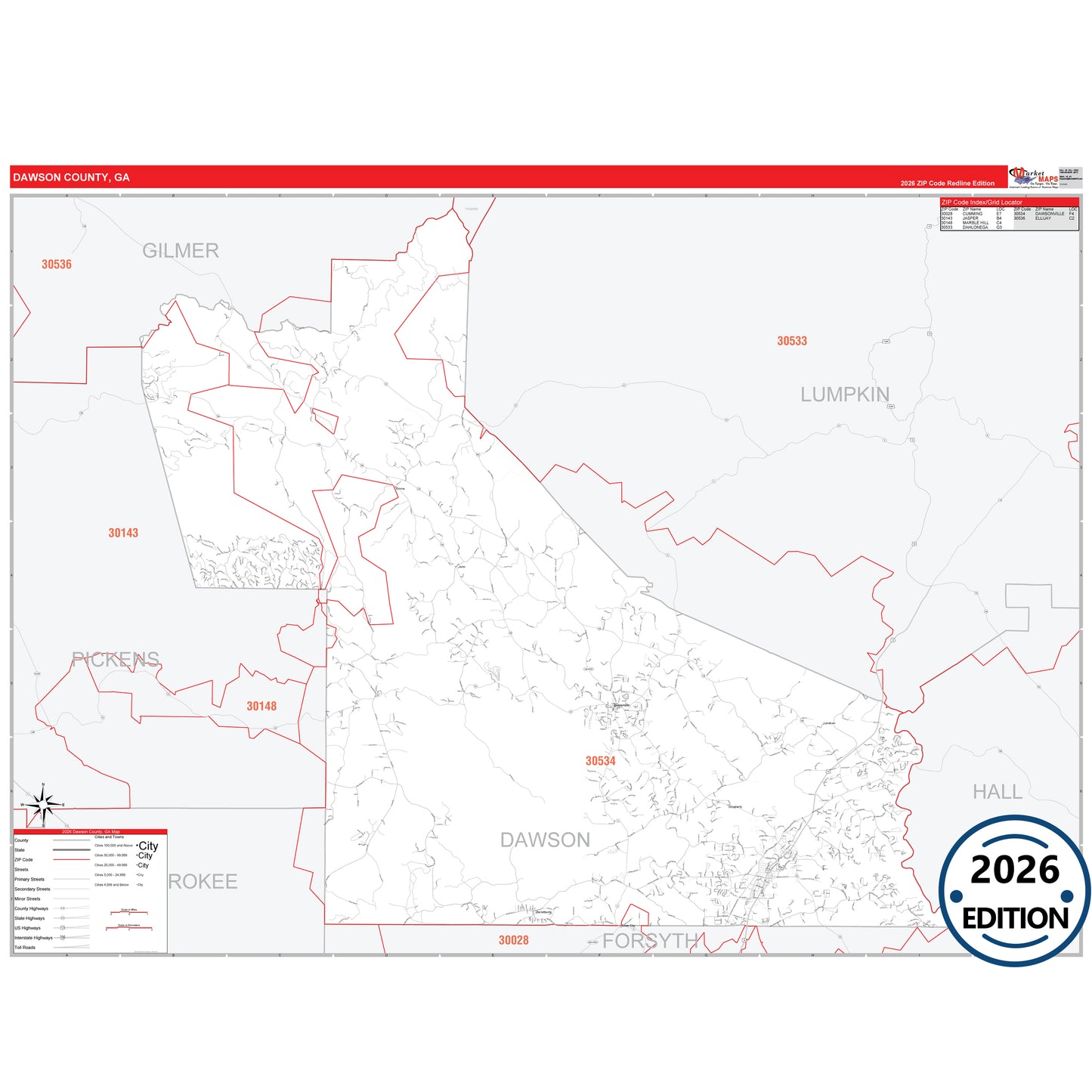 Dawson County, GA Red Line 5 Digit ZIP Code Wall Map
