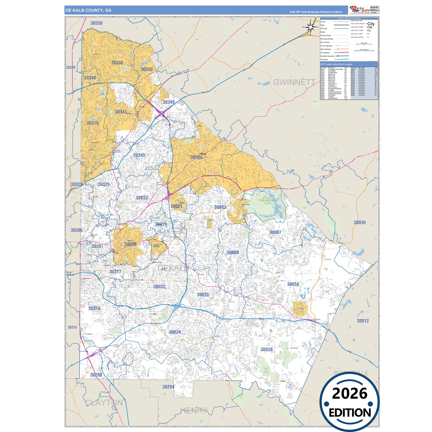 DeKalb County, GA Business Reference 5 Digit ZIP Code Wall Map