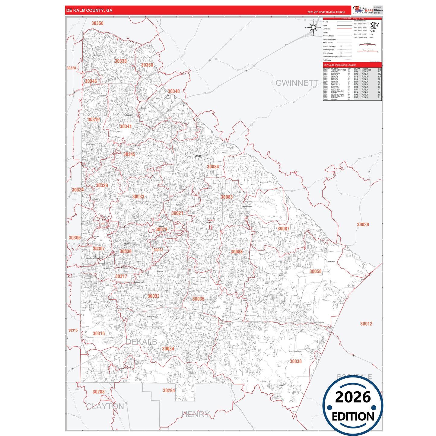 DeKalb County, GA Red Line 5 Digit ZIP Code Wall Map
