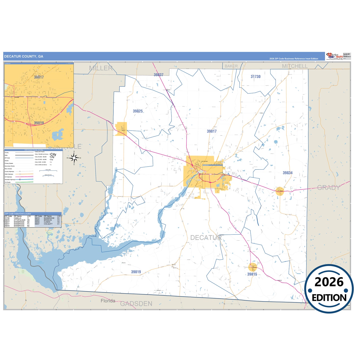 Decatur County, GA Business Reference 5 Digit ZIP Code Wall Map