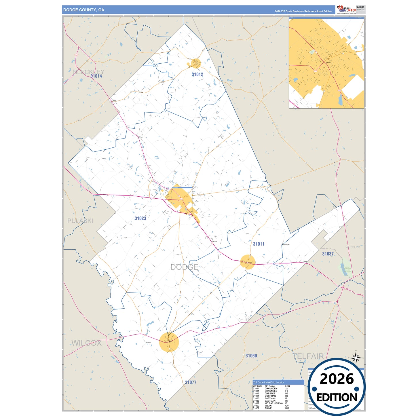 Dodge County, GA Business Reference 5 Digit ZIP Code Wall Map