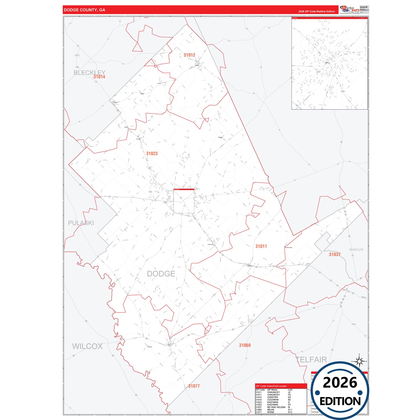 Dodge County, GA Red Line 5 Digit ZIP Code Wall Map