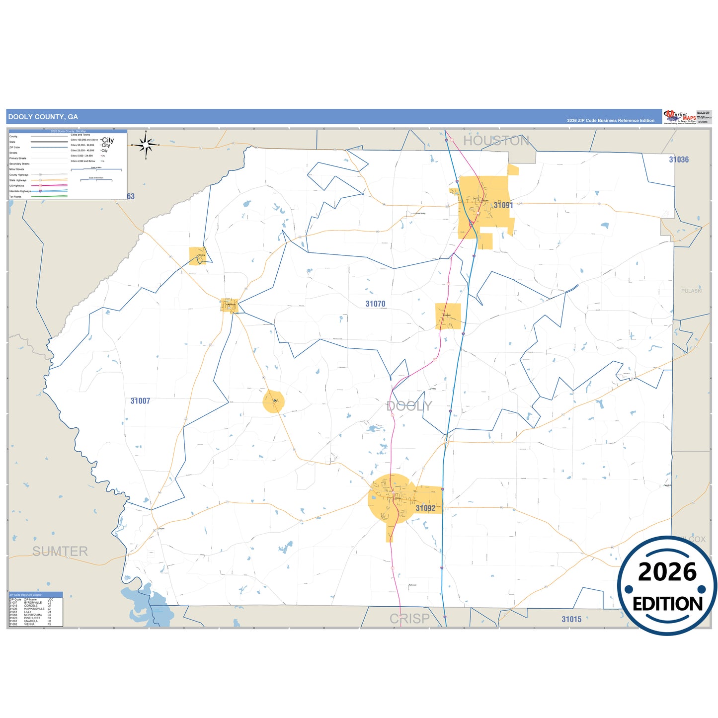 Dooly County, GA Business Reference 5 Digit ZIP Code Wall Map