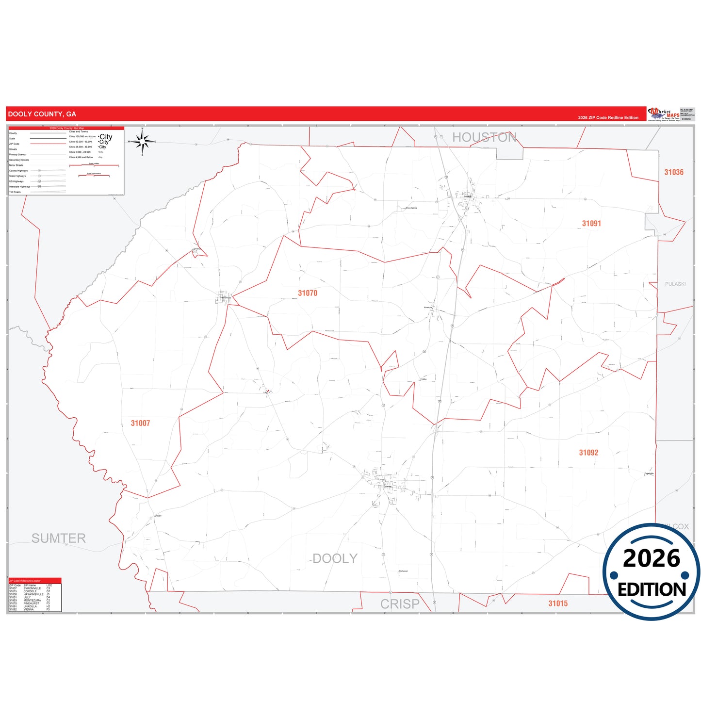 Dooly County, GA Red Line 5 Digit ZIP Code Wall Map