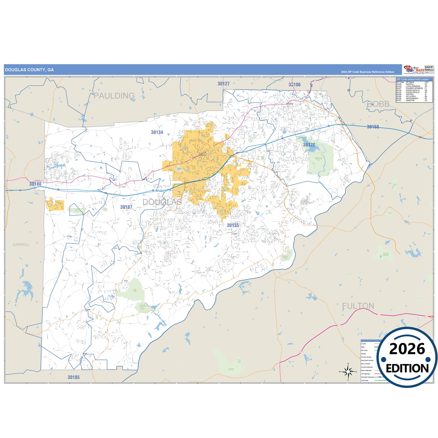 Douglas County, GA Business Reference 5 Digit ZIP Code Wall Map