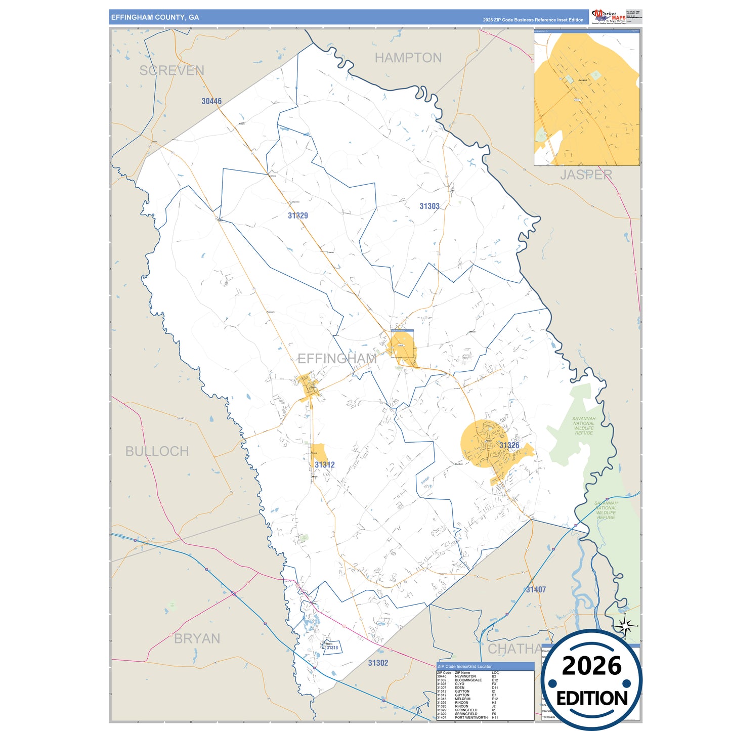 Effingham County, GA Business Reference 5 Digit ZIP Code Wall Map