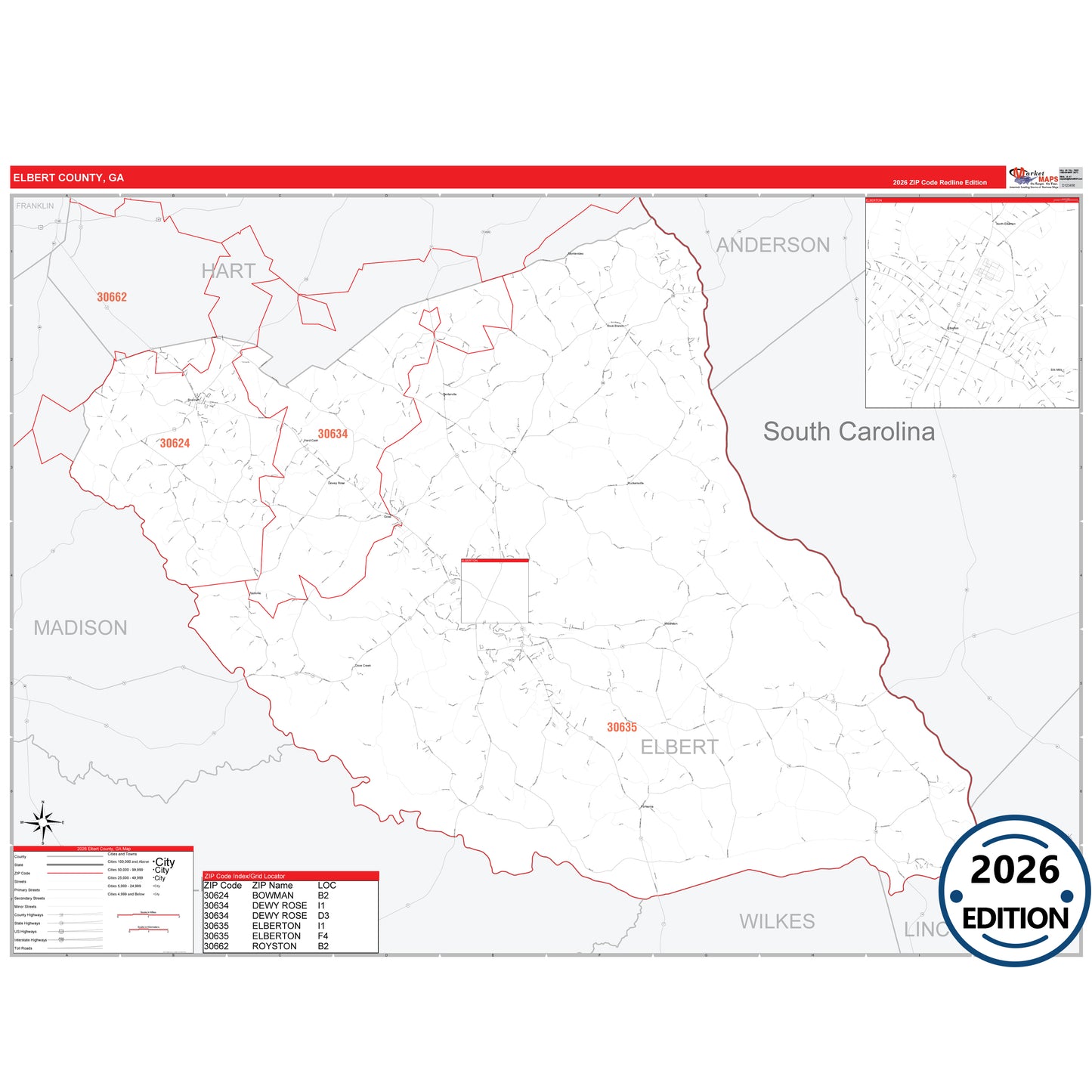 Elbert County, GA Red Line 5 Digit ZIP Code Wall Map