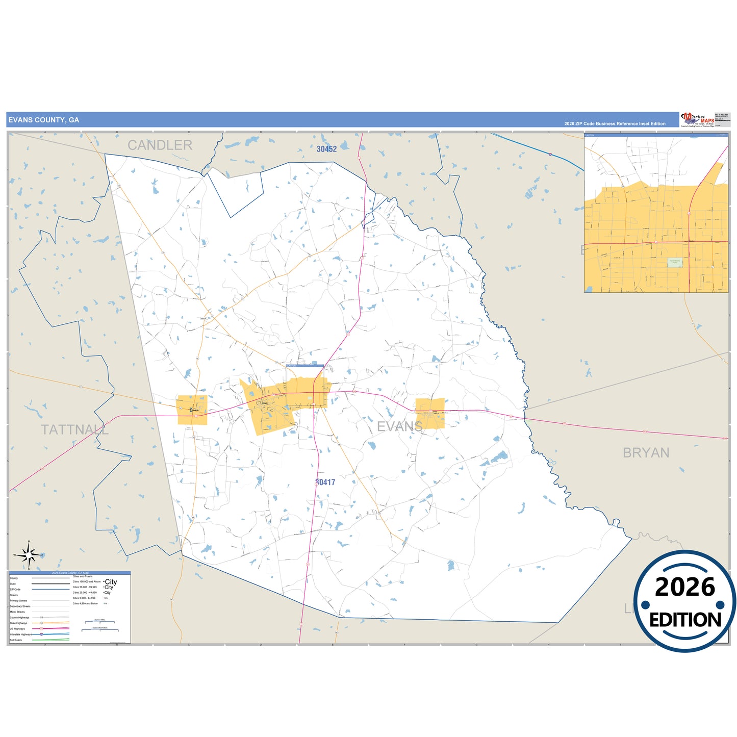Evans County, GA Business Reference 5 Digit ZIP Code Wall Map