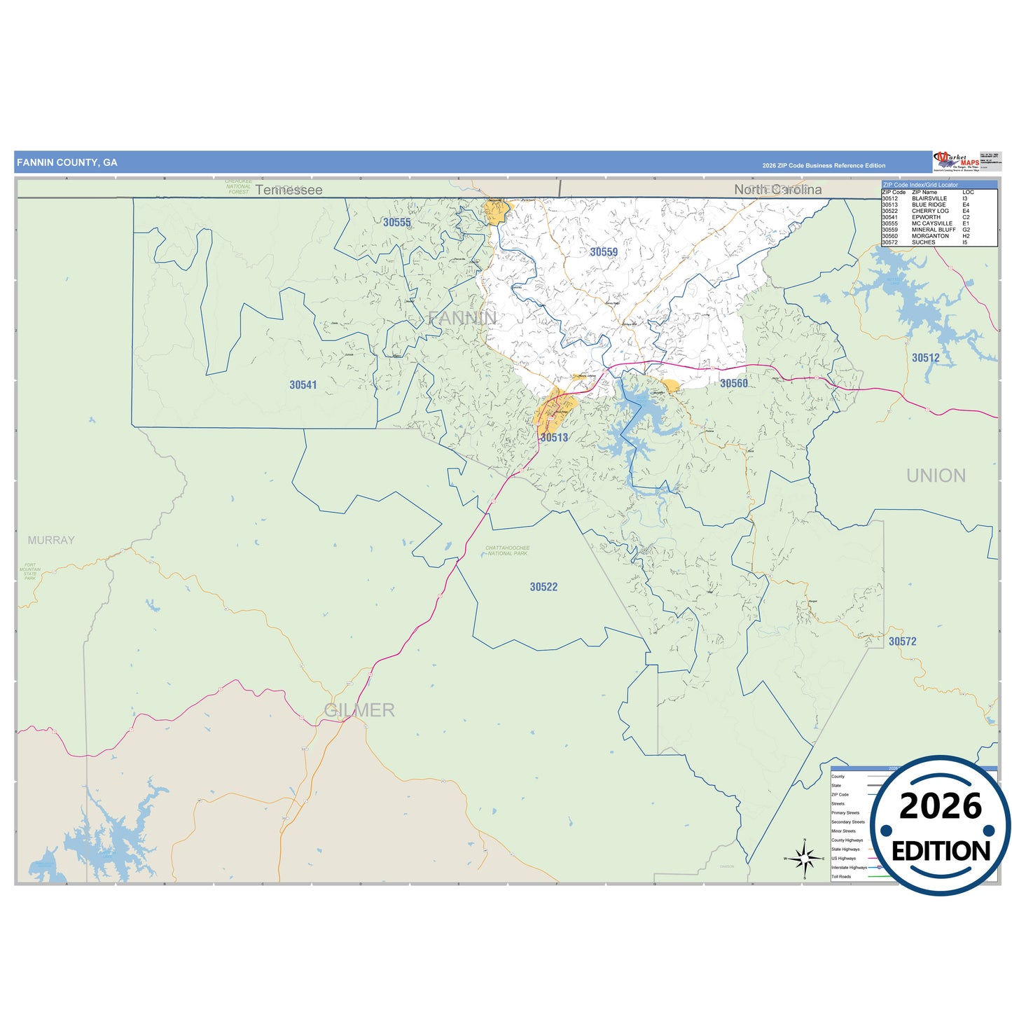 Fannin County, GA Business Reference 5 Digit ZIP Code Wall Map