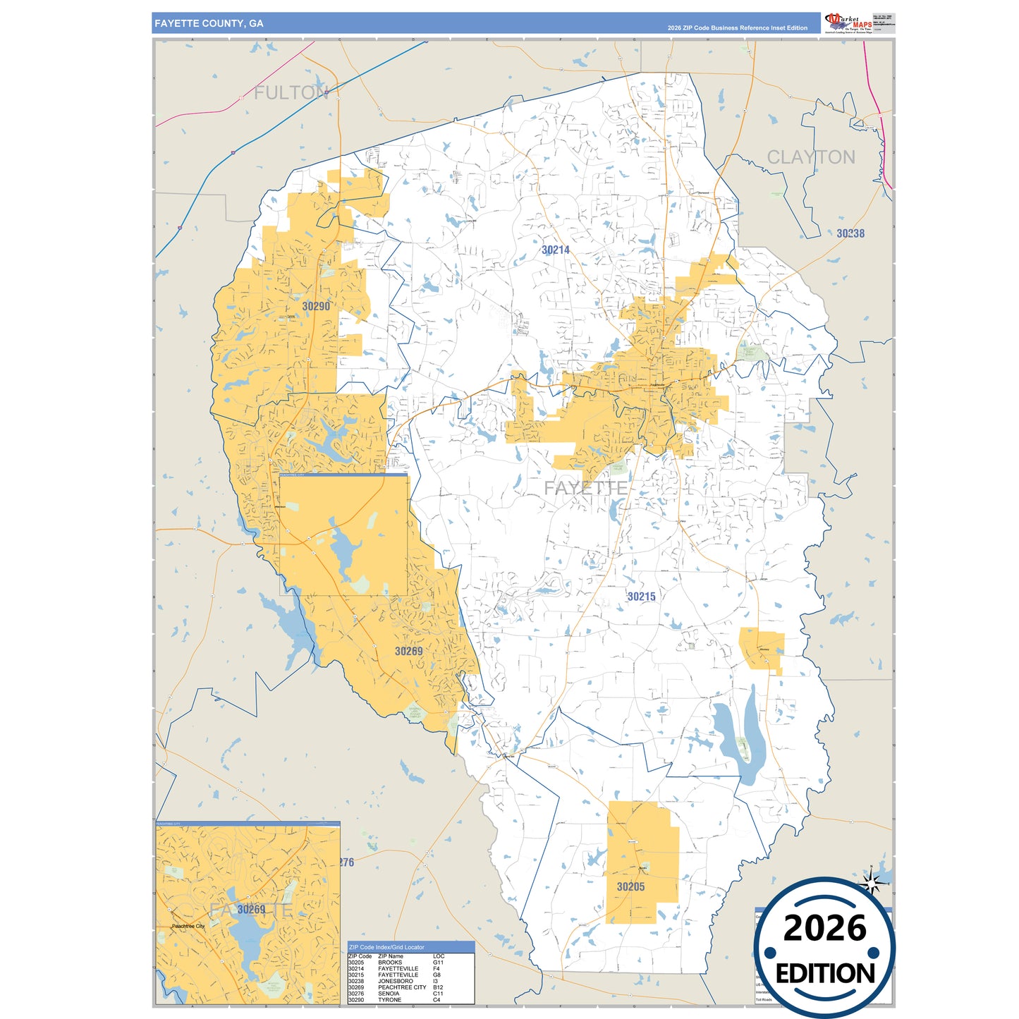 Fayette County, GA Business Reference 5 Digit ZIP Code Wall Map