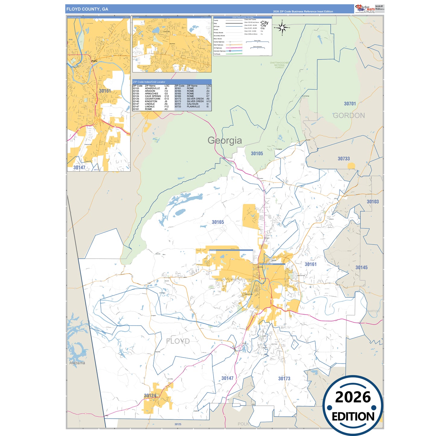 Floyd County, GA Business Reference 5 Digit ZIP Code Wall Map