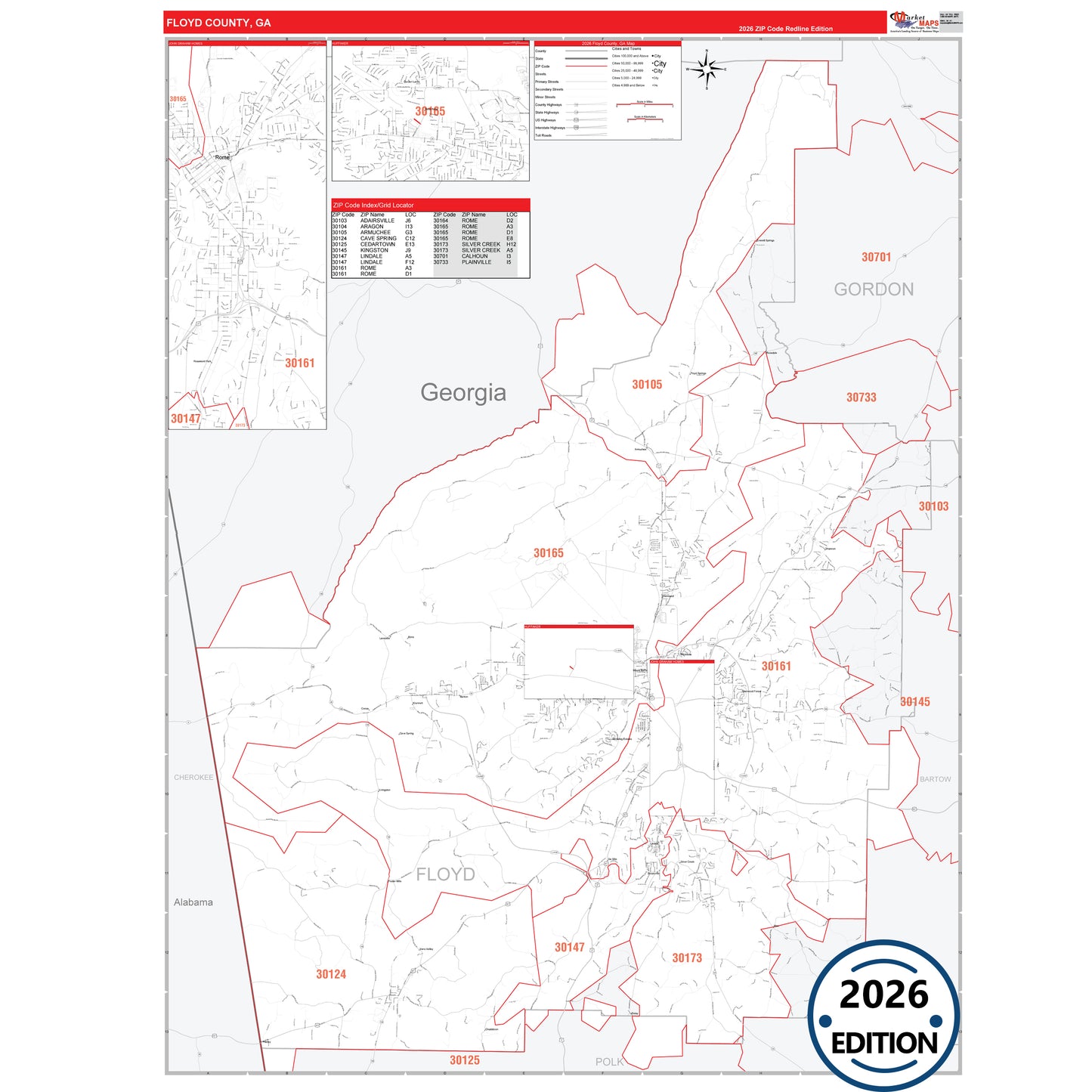 Floyd County, GA Red Line map with detailed roads, cities, and ZIP code boundaries.
