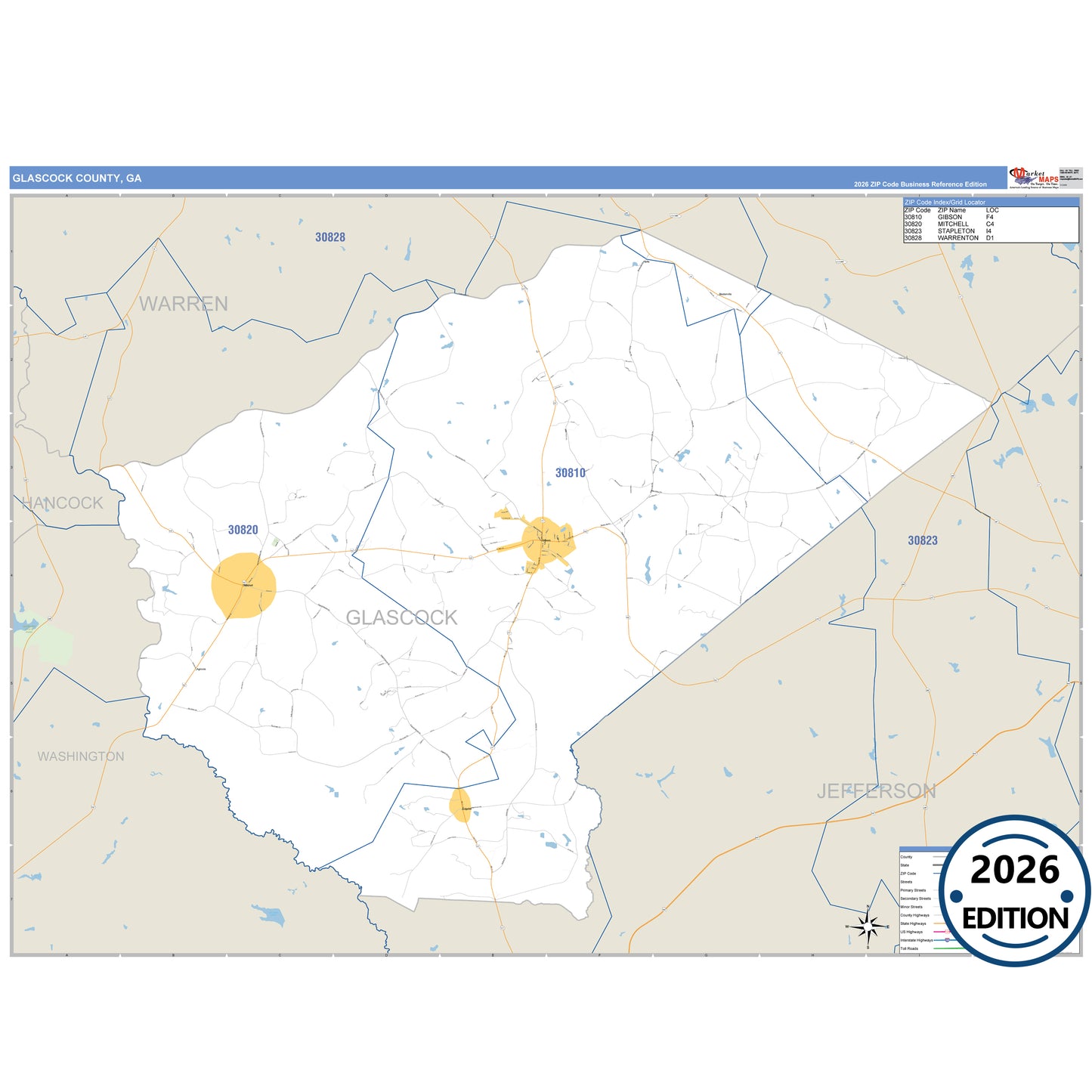 Glascock County, GA Business Reference 5 Digit ZIP Code Wall Map