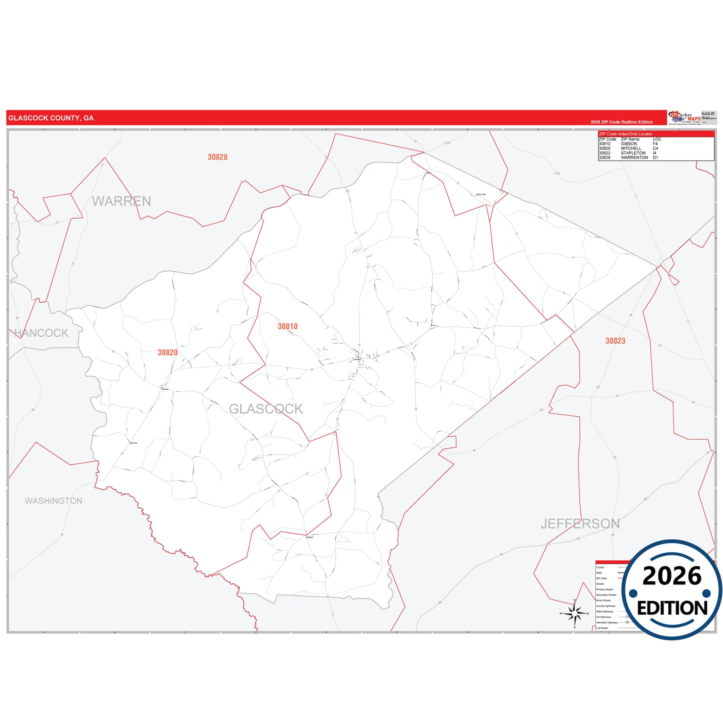 Glascock County, GA Red Line 5 Digit ZIP Code Wall Map