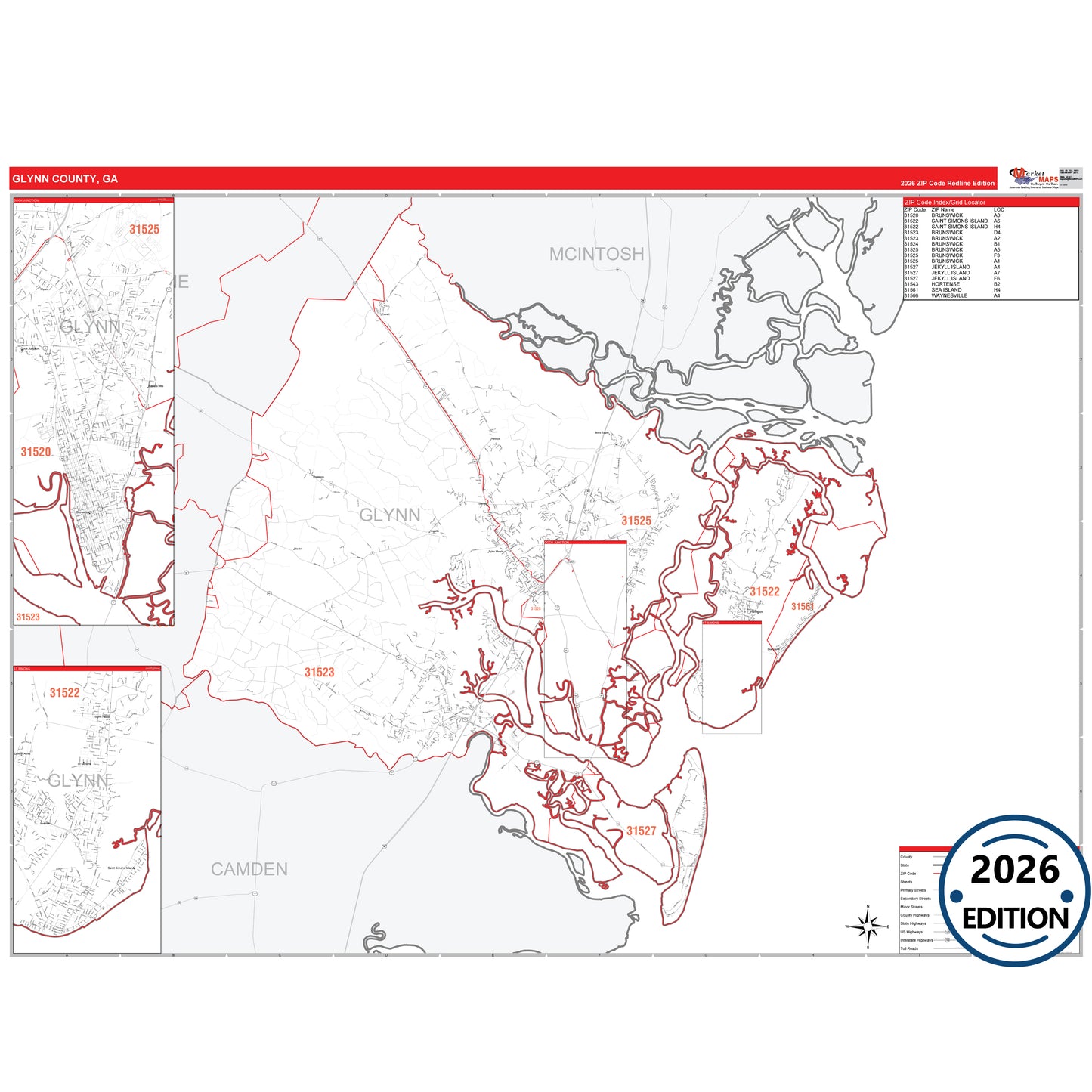 Glynn County, GA Red Line 5 Digit ZIP Code Wall Map
