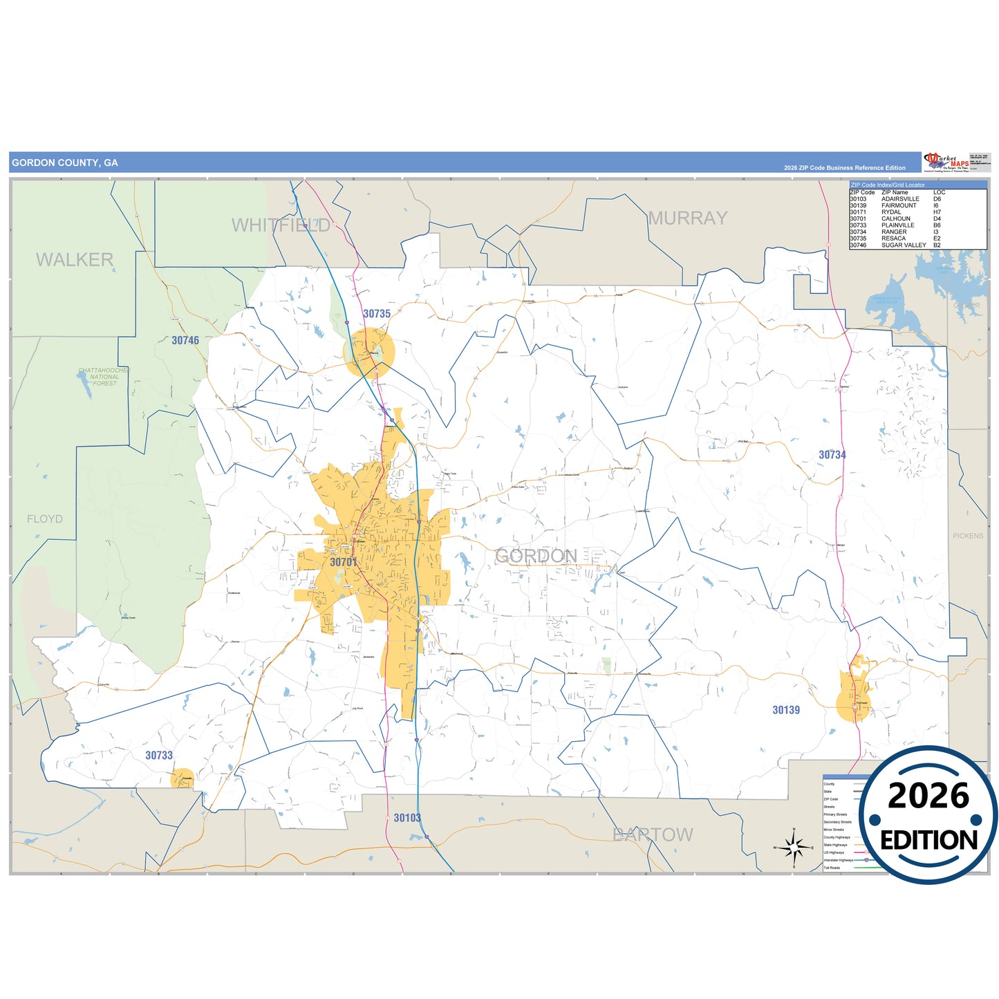 Gordon County, GA Business Reference 5 Digit ZIP Code Wall Map