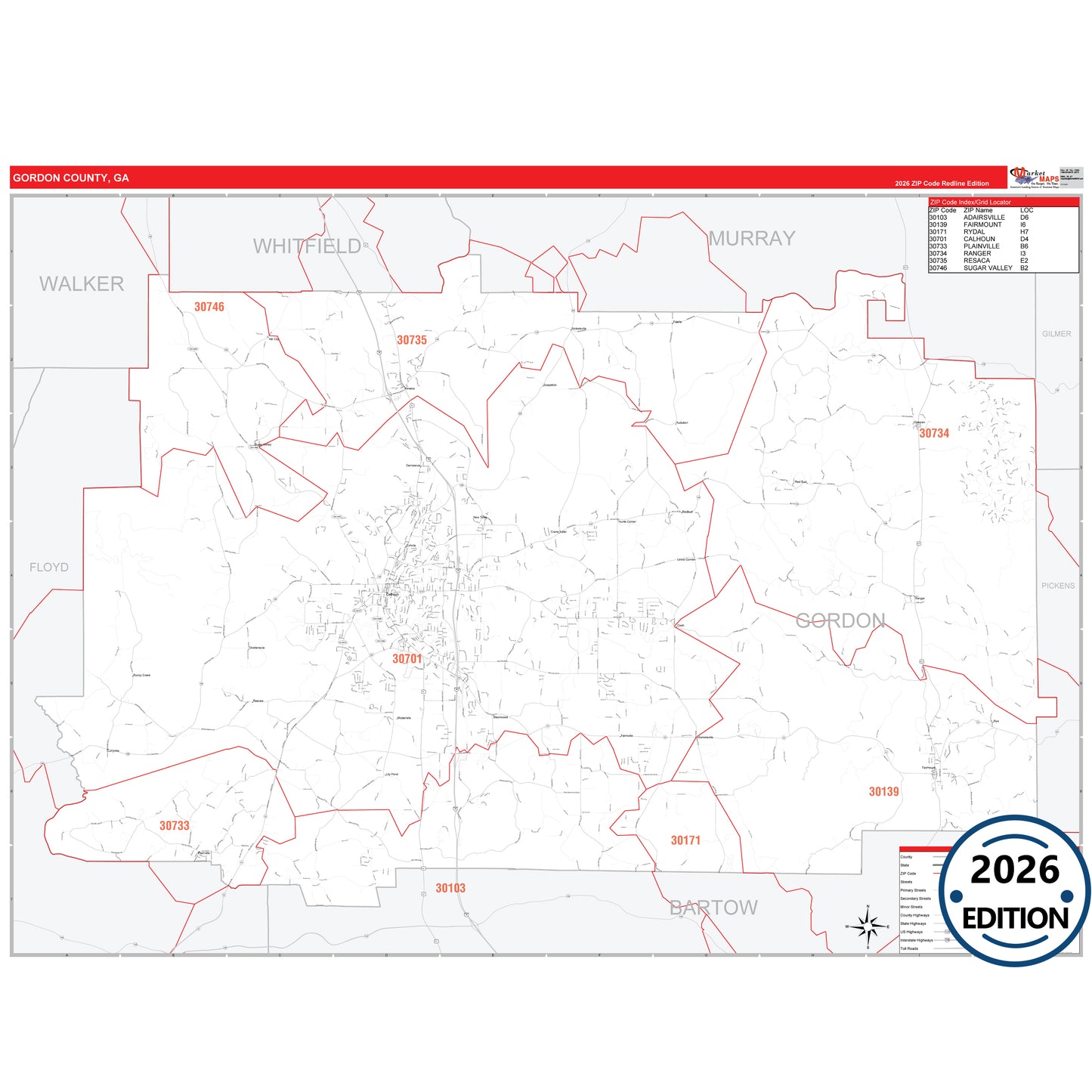 Gordon County, GA Red Line 5 Digit ZIP Code Wall Map