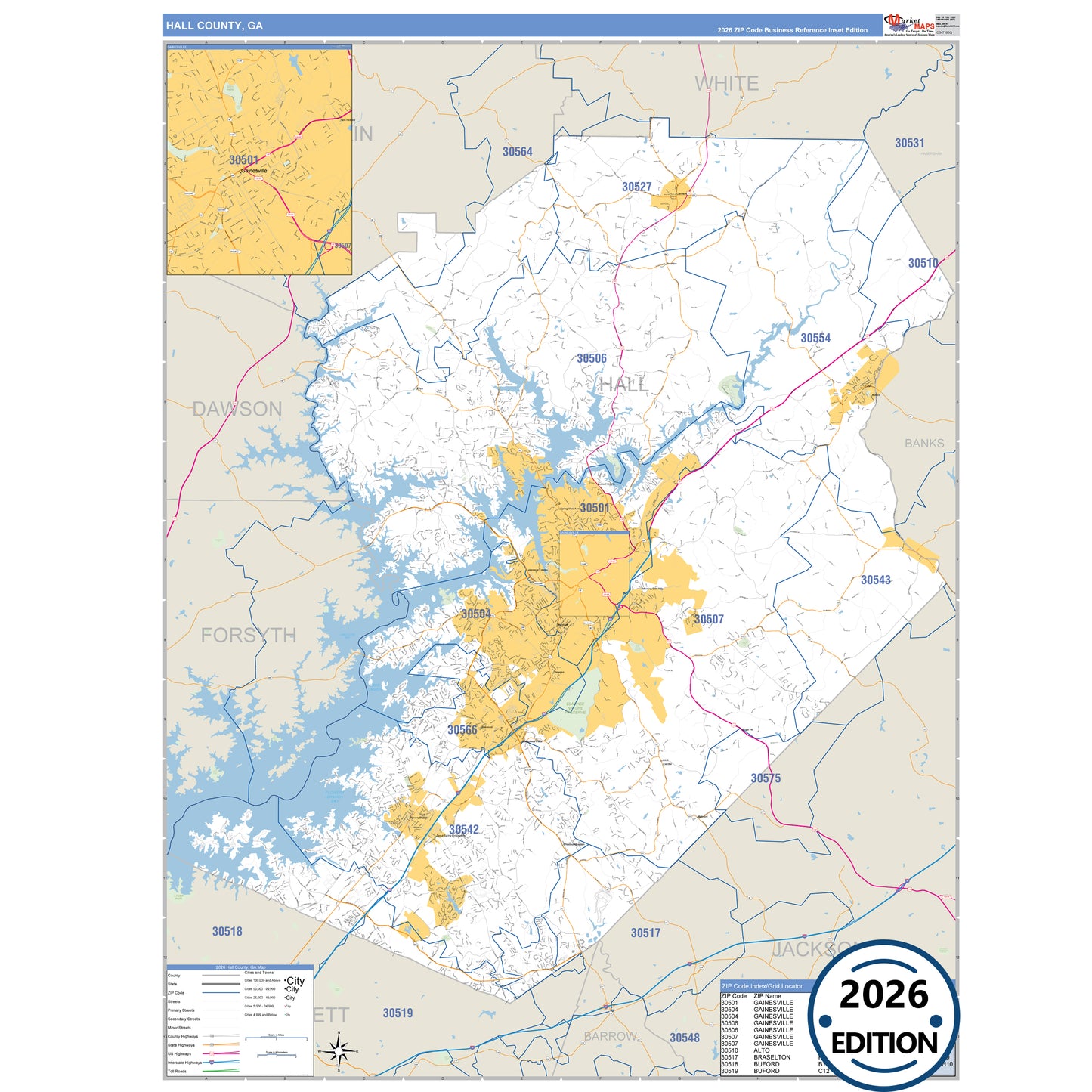 Hall County, GA Business Reference 5 Digit ZIP Code Wall Map
