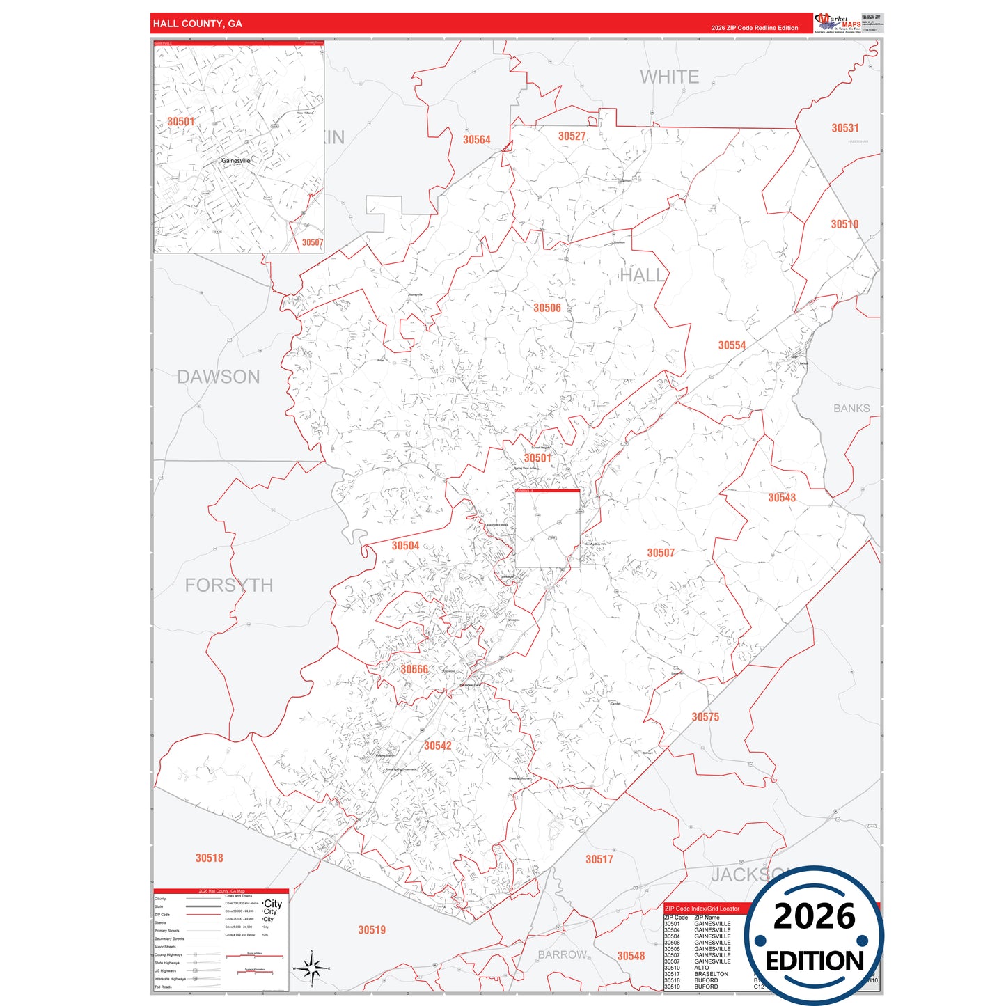 Hall County, GA Red Line 5 Digit ZIP Code Wall Map