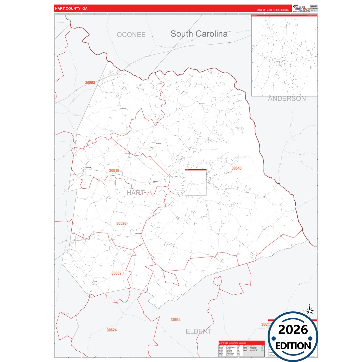 Hart County, GA Red Line 5 Digit ZIP Code Wall Map