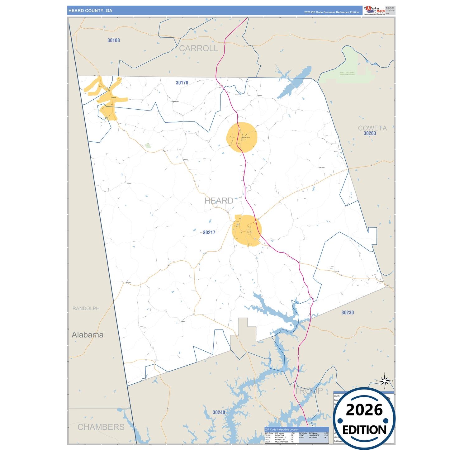 Heard County, GA Business Reference 5 Digit ZIP Code Wall Map