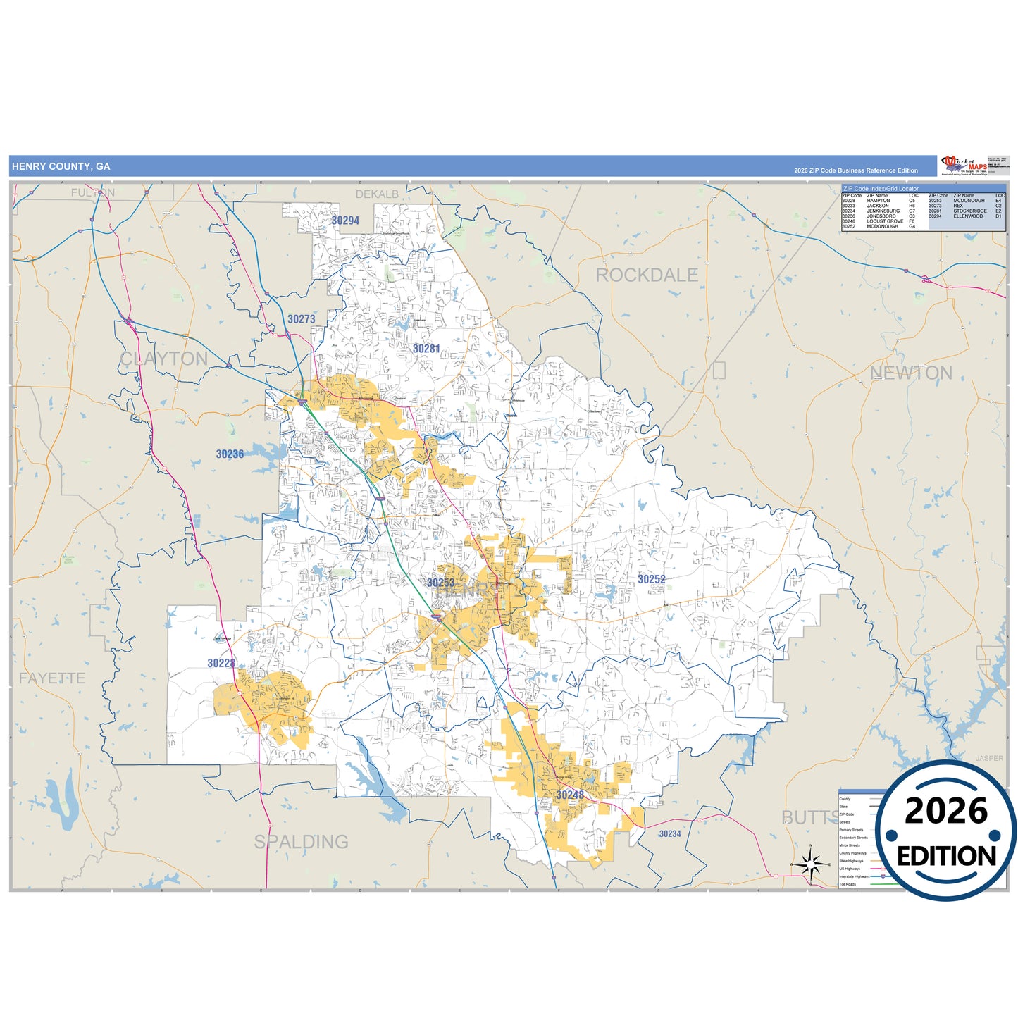 Henry County, GA Business Reference map with detailed roads, cities, and ZIP code boundaries.