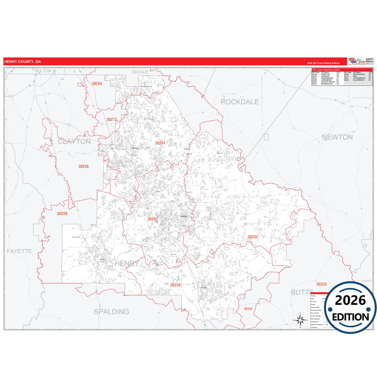Henry County, GA Red Line 5 Digit ZIP Code Wall Map