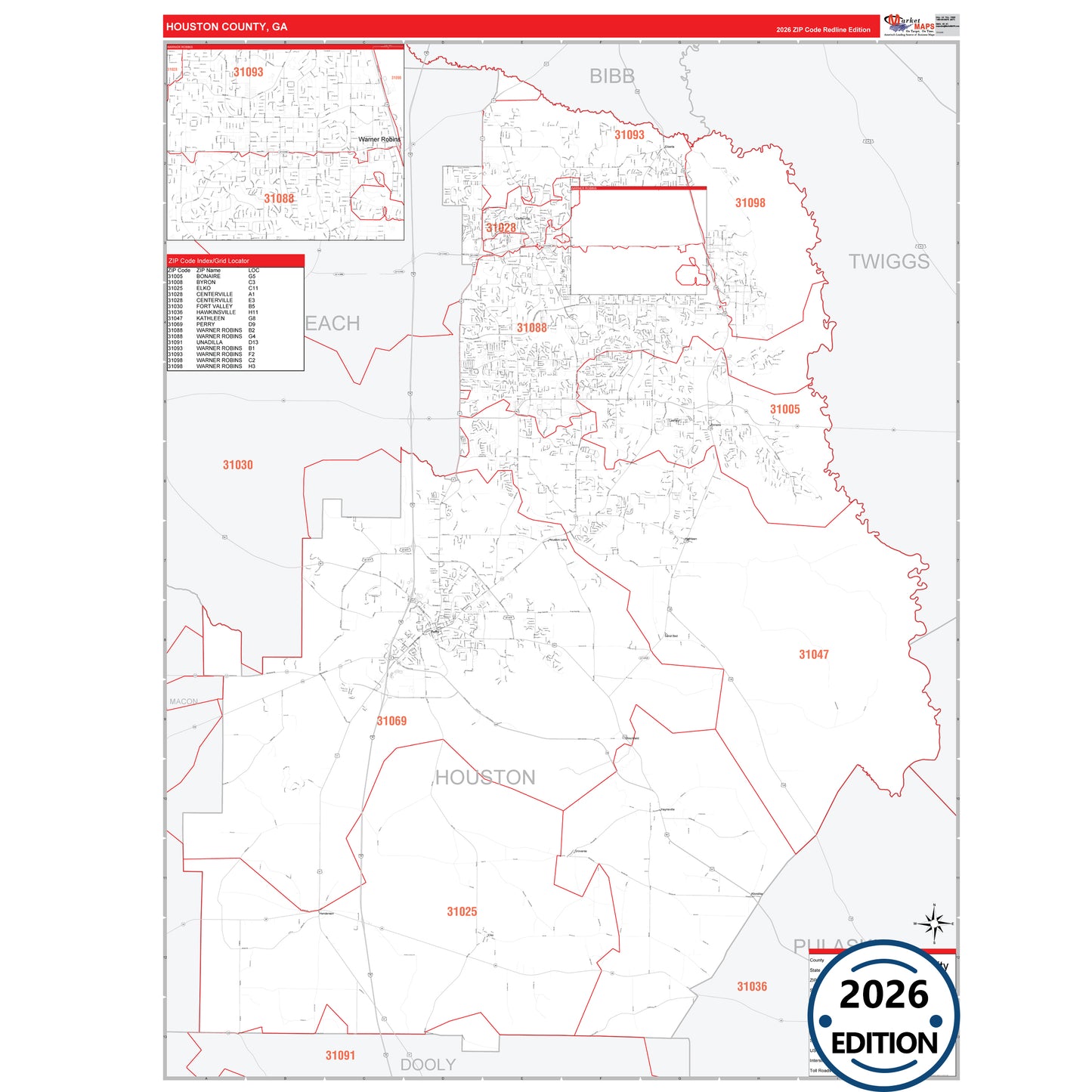 Houston County, GA Red Line 5 Digit ZIP Code Wall Map