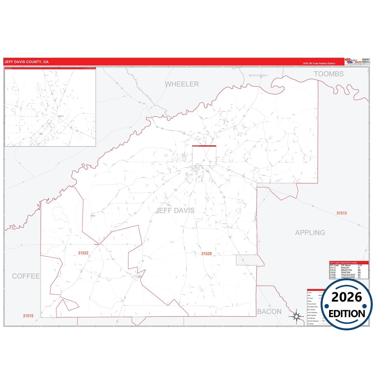 Jeff Davis County, GA Red Line 5 Digit ZIP Code Wall Map