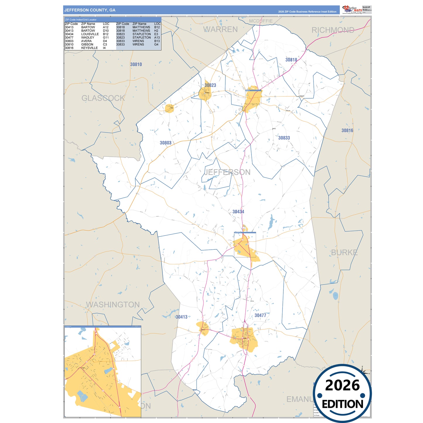 Jefferson County, GA Business Reference 5 Digit ZIP Code Wall Map