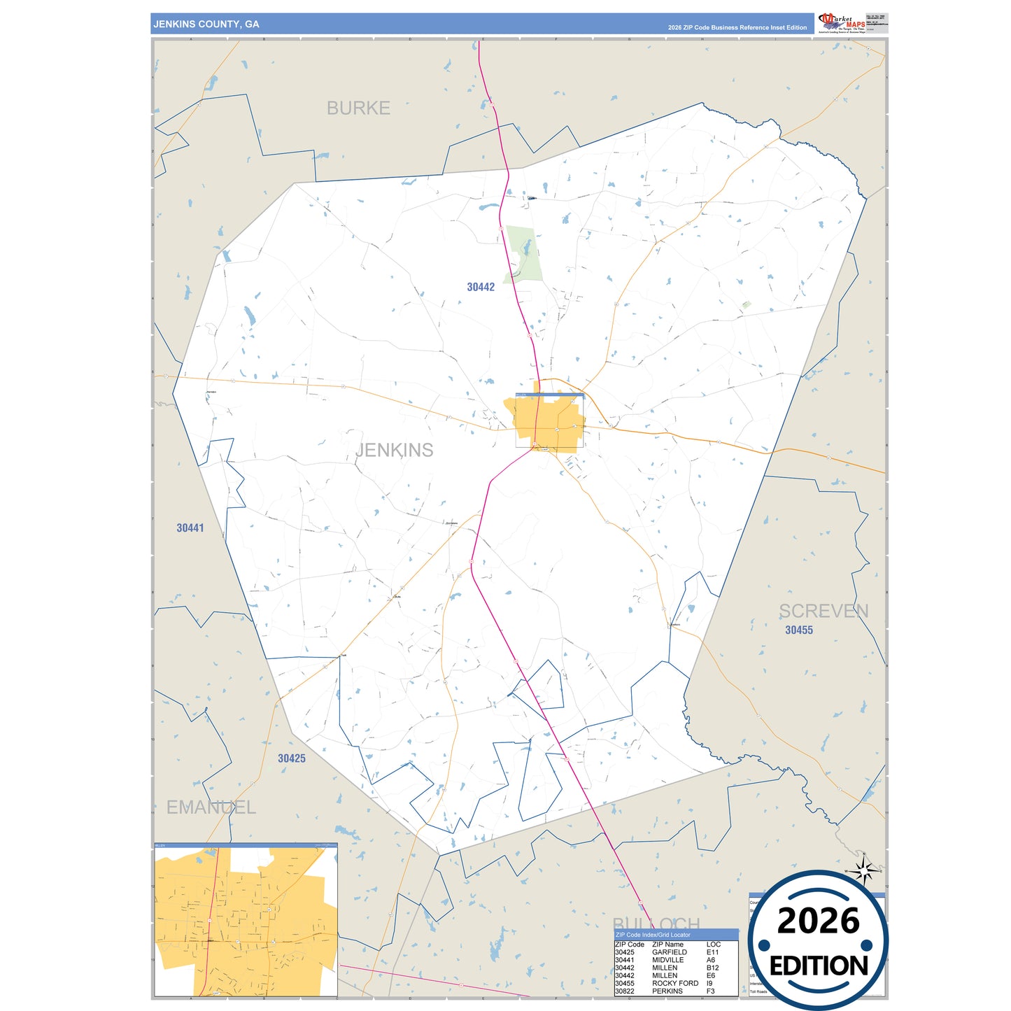 Jenkins County, GA Business Reference 5 Digit ZIP Code Wall Map