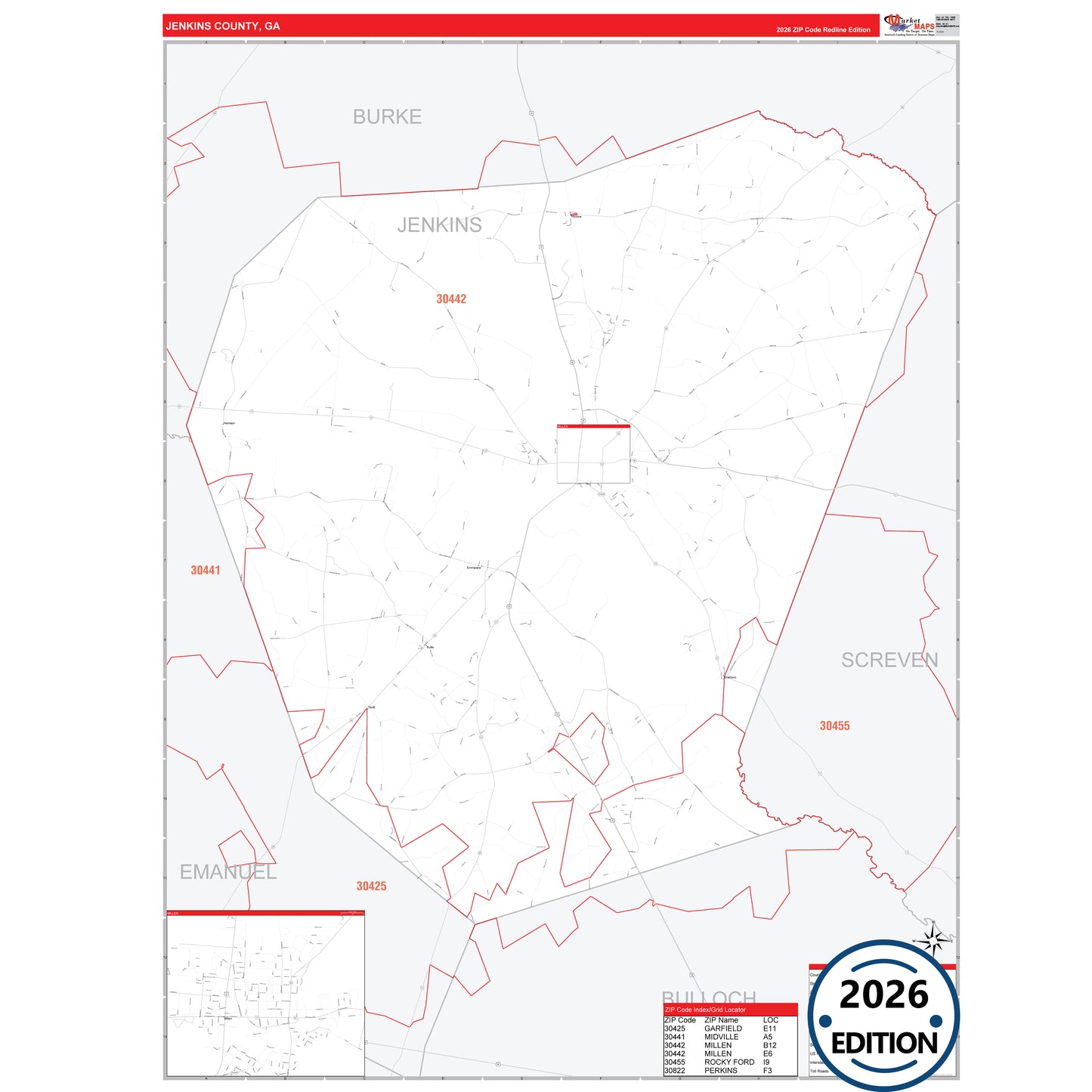 Jenkins County, GA Red Line 5 Digit ZIP Code Wall Map