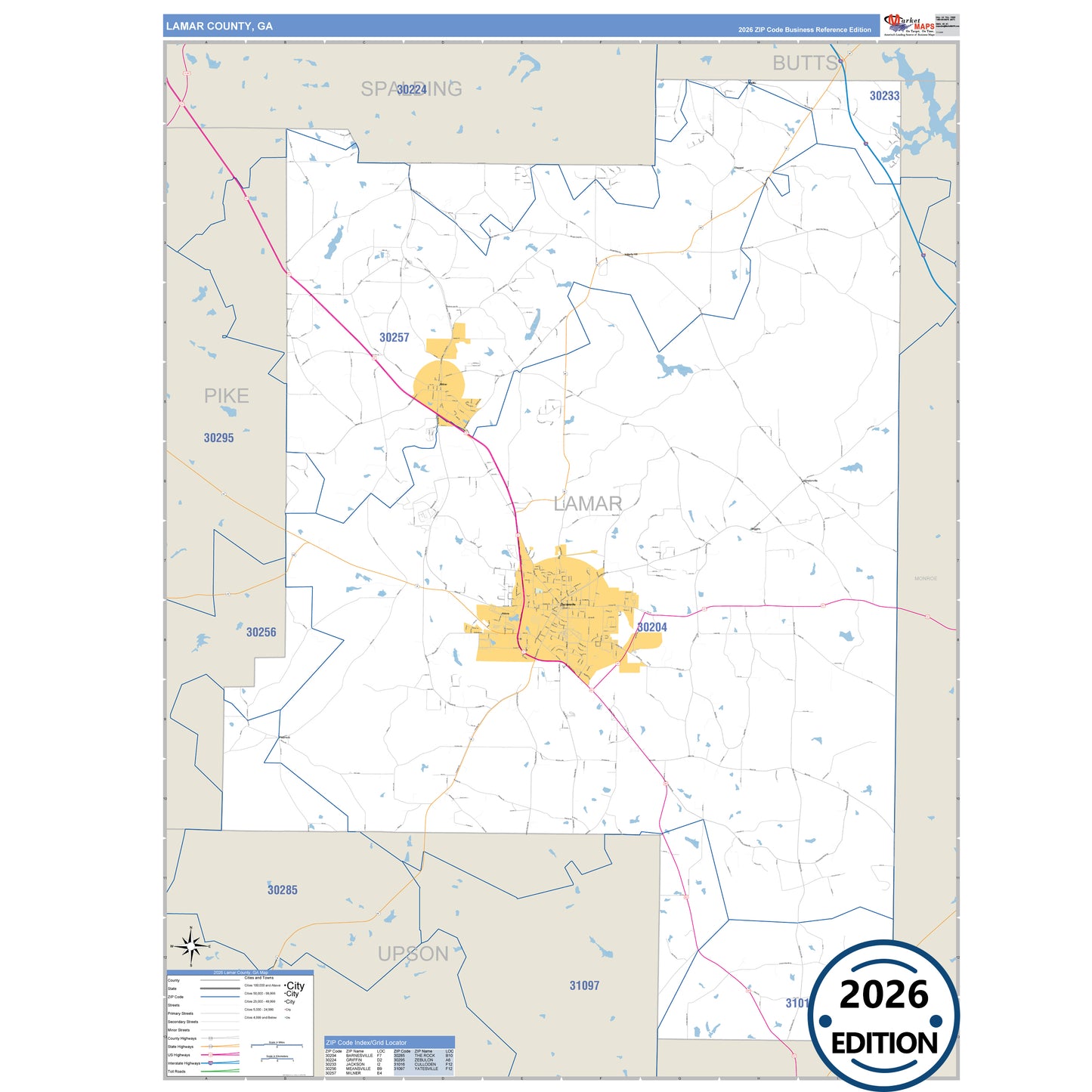 Lamar County, GA Business Reference map with detailed roads, cities, and ZIP code boundaries.