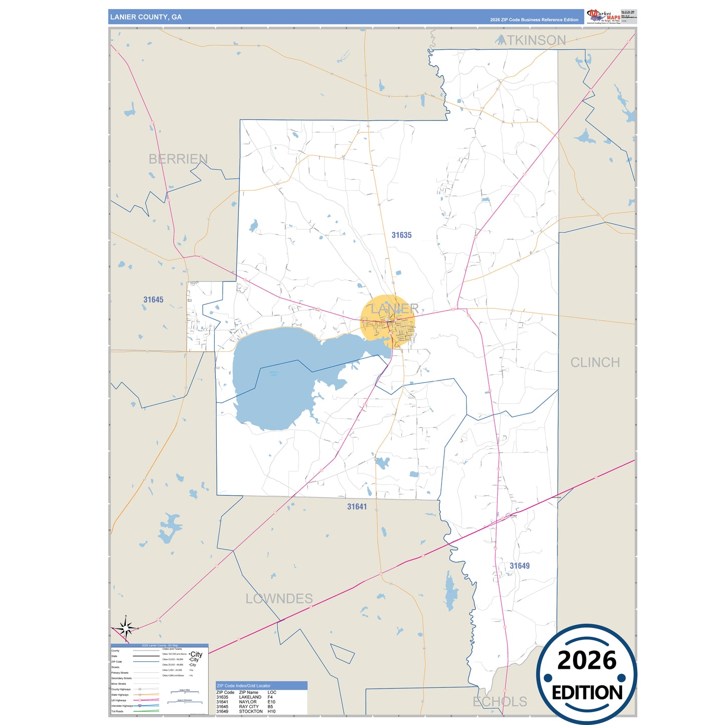 Lanier County, GA Business Reference 5 Digit ZIP Code Wall Map