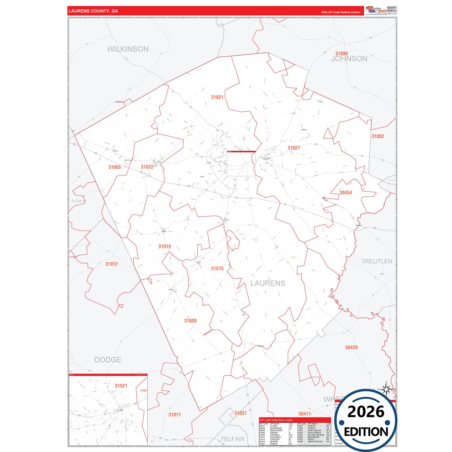 Laurens County, GA Red Line 5 Digit ZIP Code Wall Map