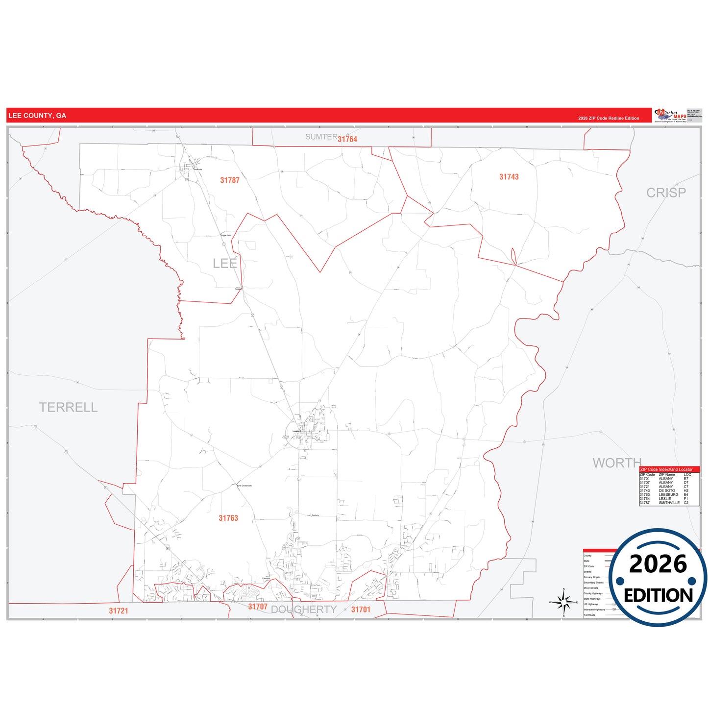 Lee County, GA Red Line 5 Digit ZIP Code Wall Map