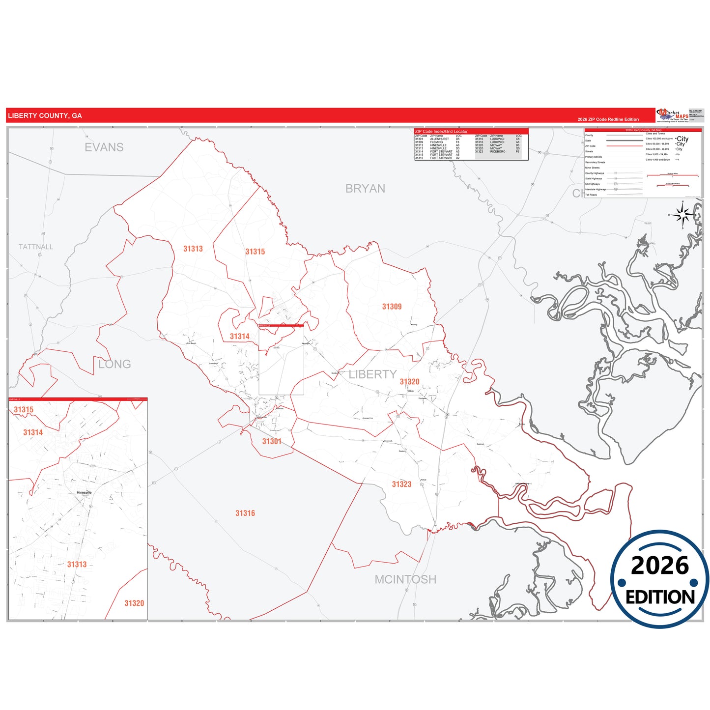 Liberty County, GA Red Line 5 Digit ZIP Code Wall Map