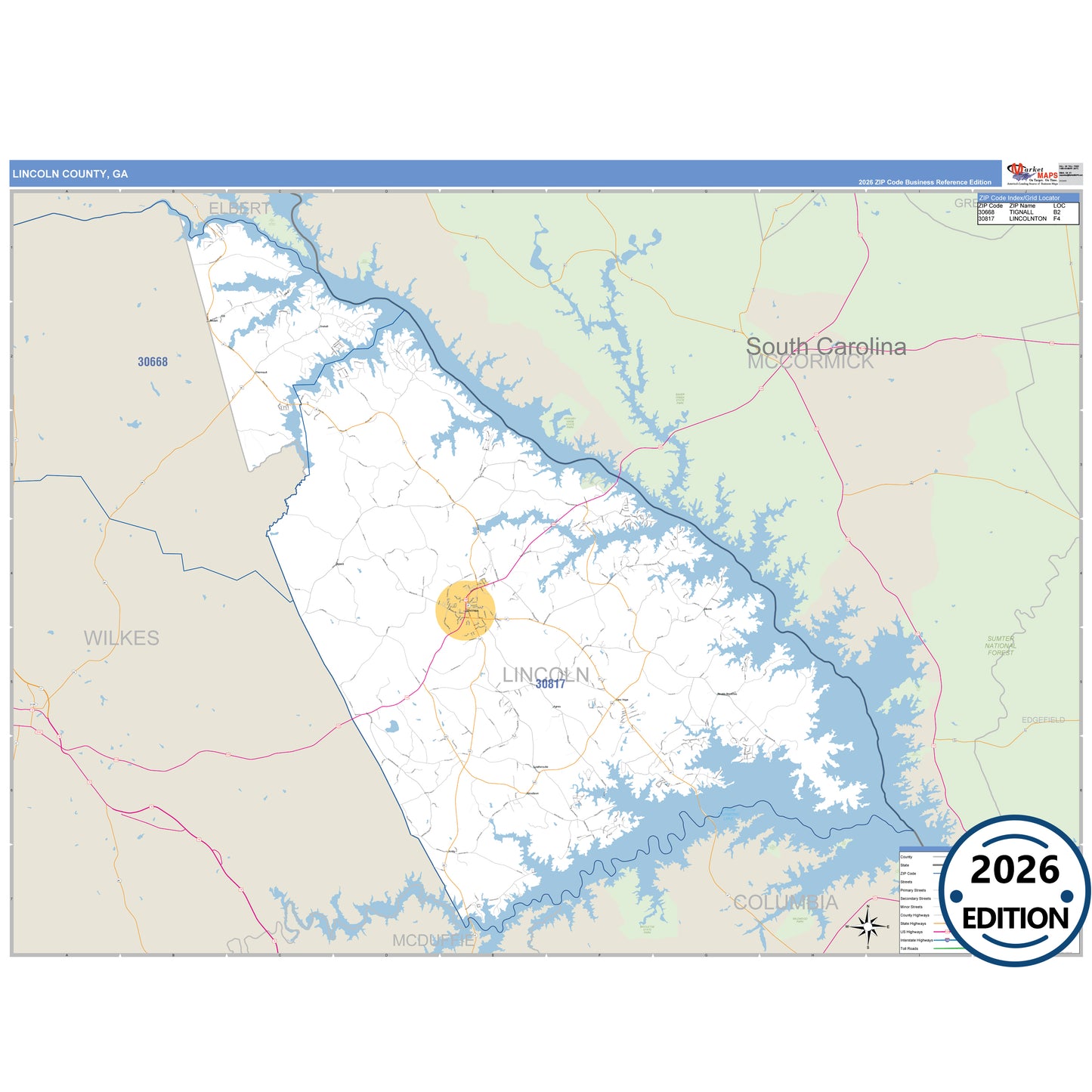 Lincoln County, GA Business Reference 5 Digit ZIP Code Wall Map