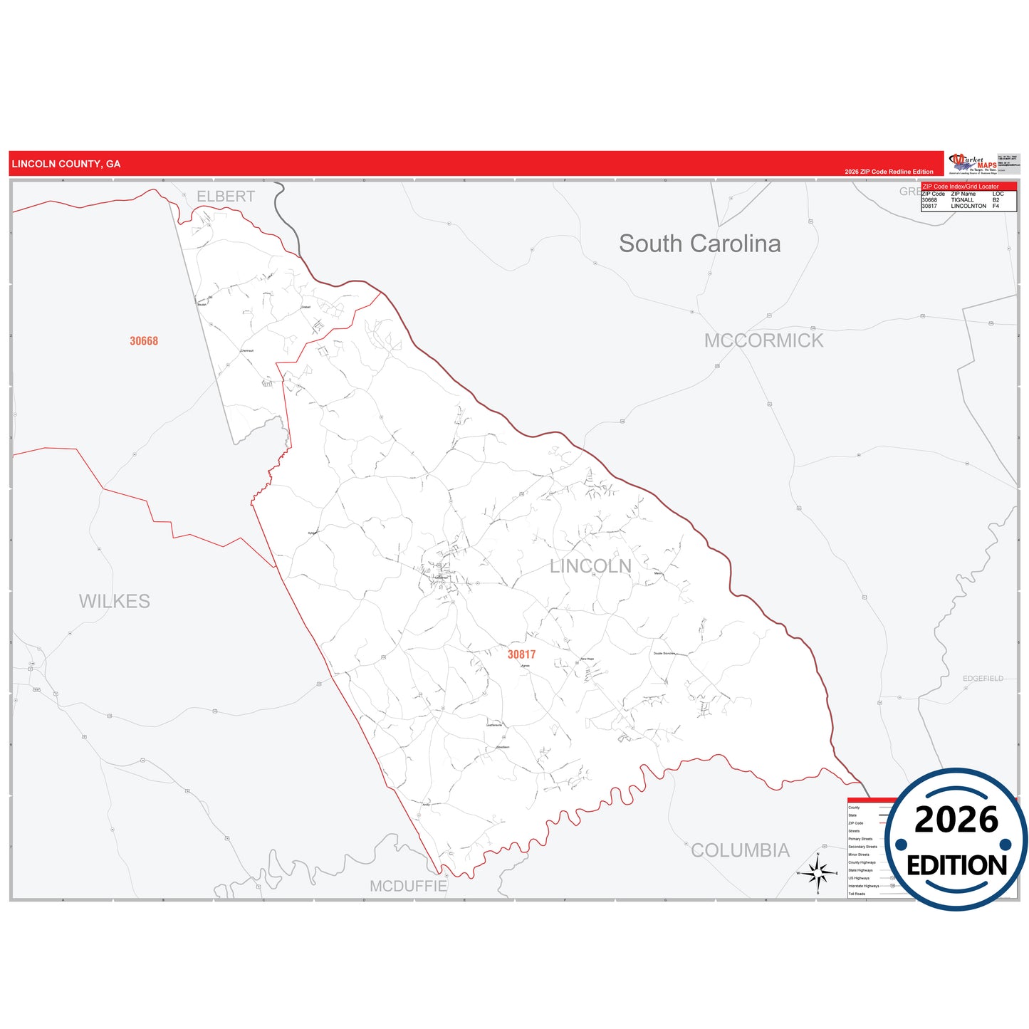 Lincoln County, GA Red Line 5 Digit ZIP Code Wall Map