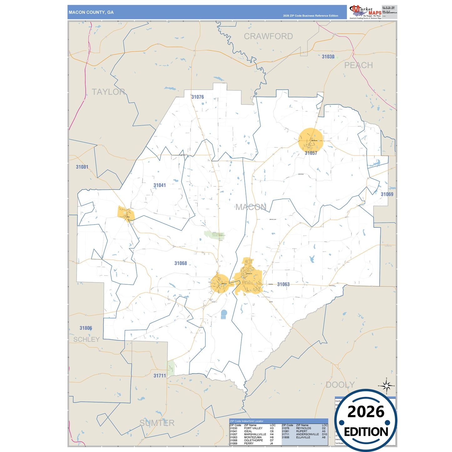 Macon County, GA Business Reference 5 Digit ZIP Code Wall Map