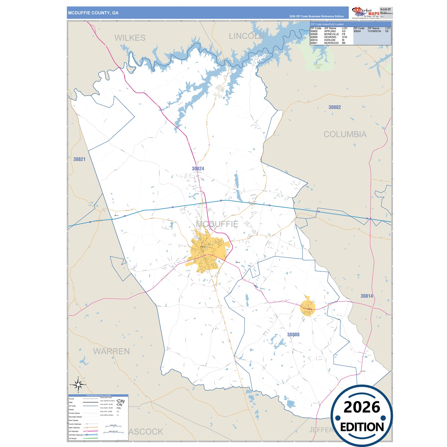 McDuffie County, GA Business Reference 5 Digit ZIP Code Wall Map