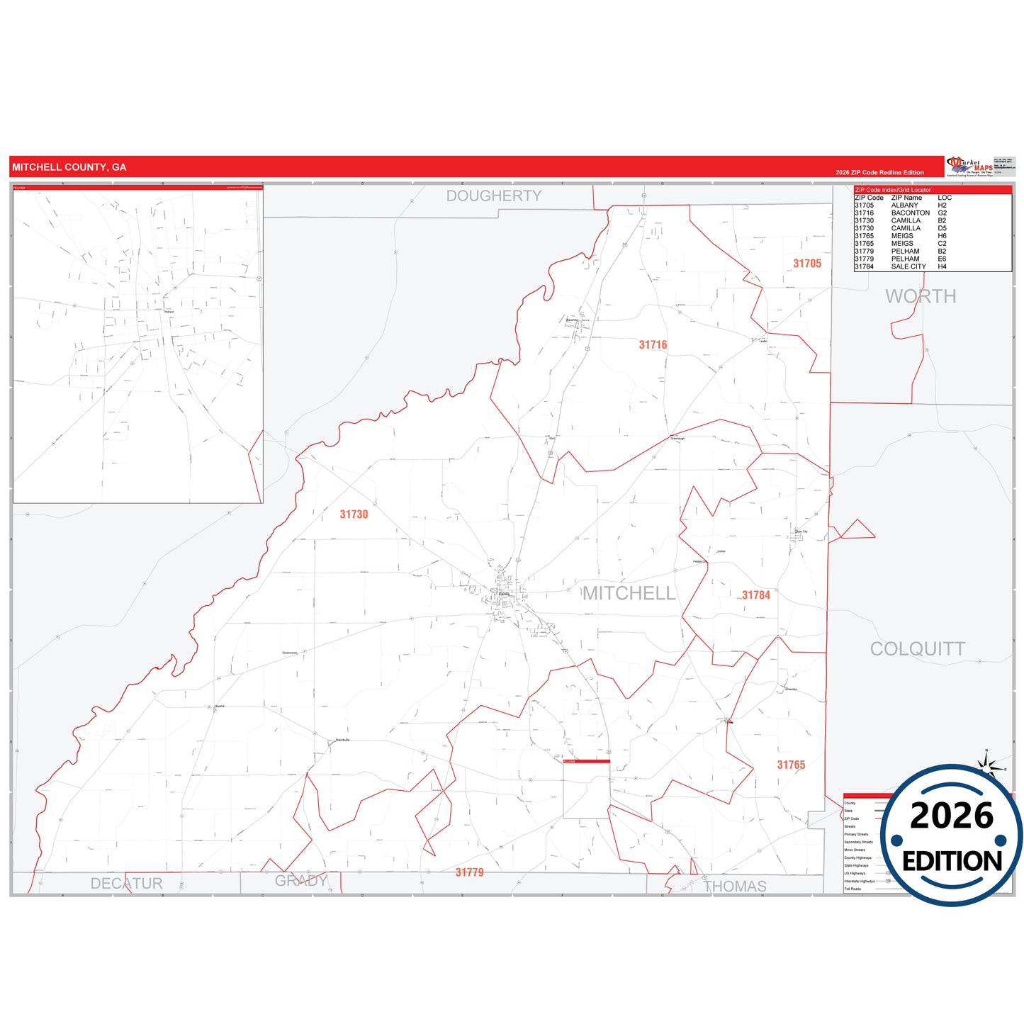 Mitchell County, GA Red Line 5 Digit ZIP Code Wall Map