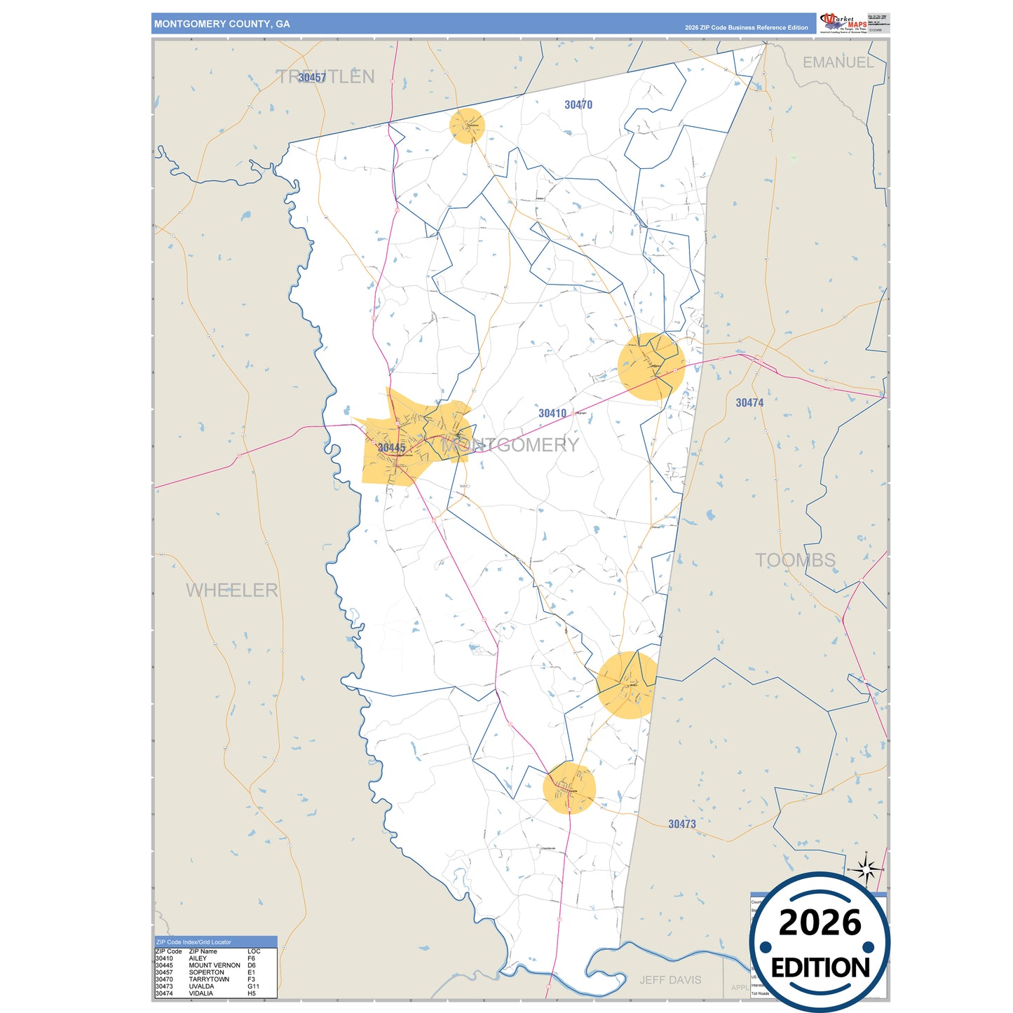 Montgomery County, GA Business Reference 5 Digit ZIP Code Wall Map