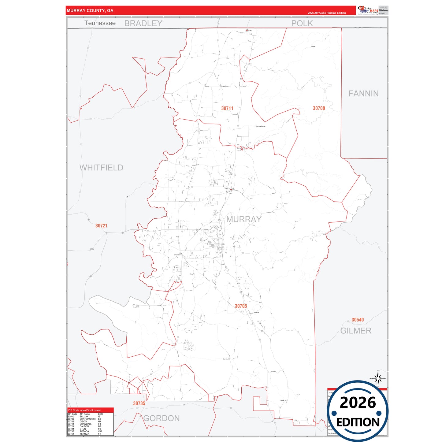 Murray County, GA Red Line 5 Digit ZIP Code Wall Map