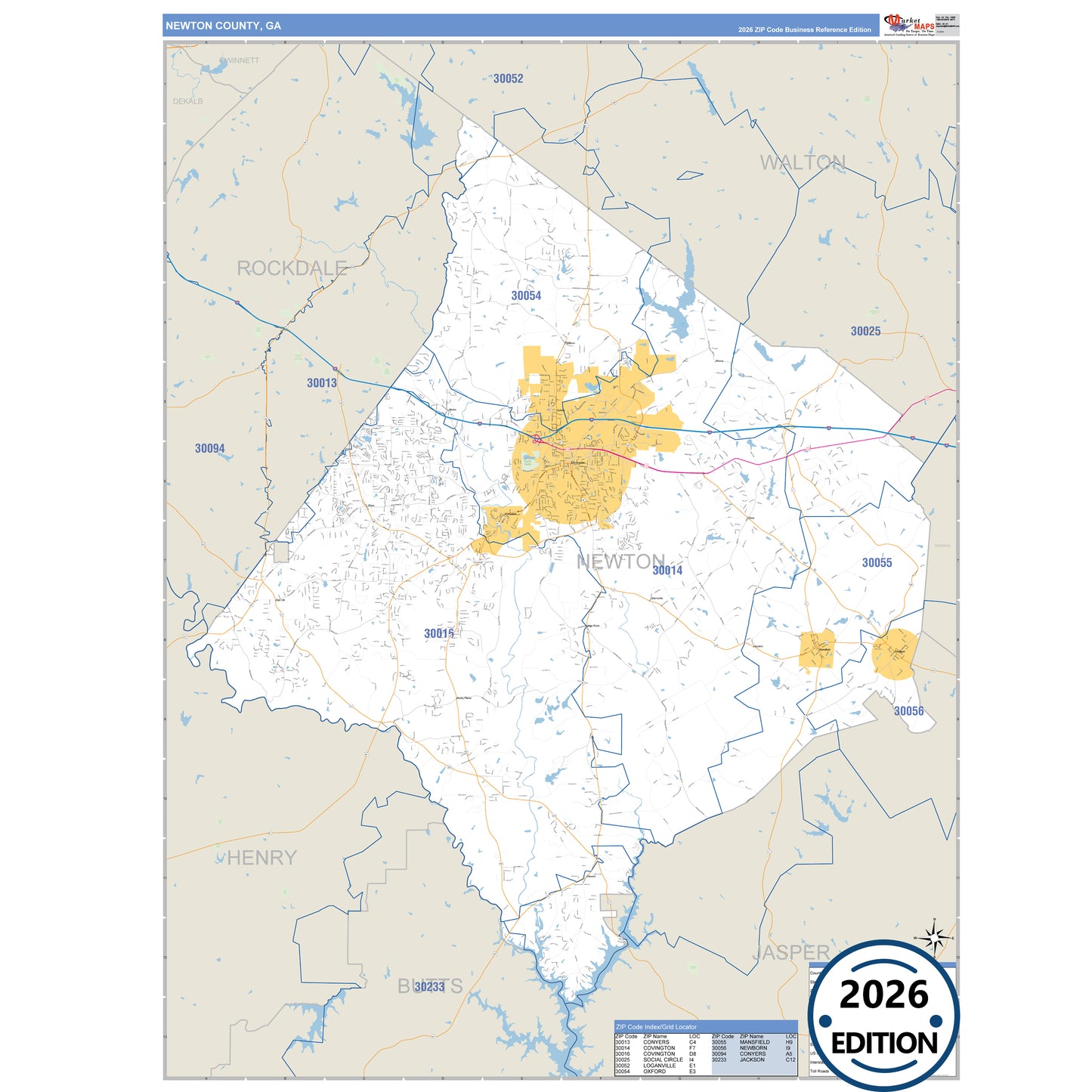 Newton County, GA Business Reference map with detailed roads, cities, and ZIP code boundaries.