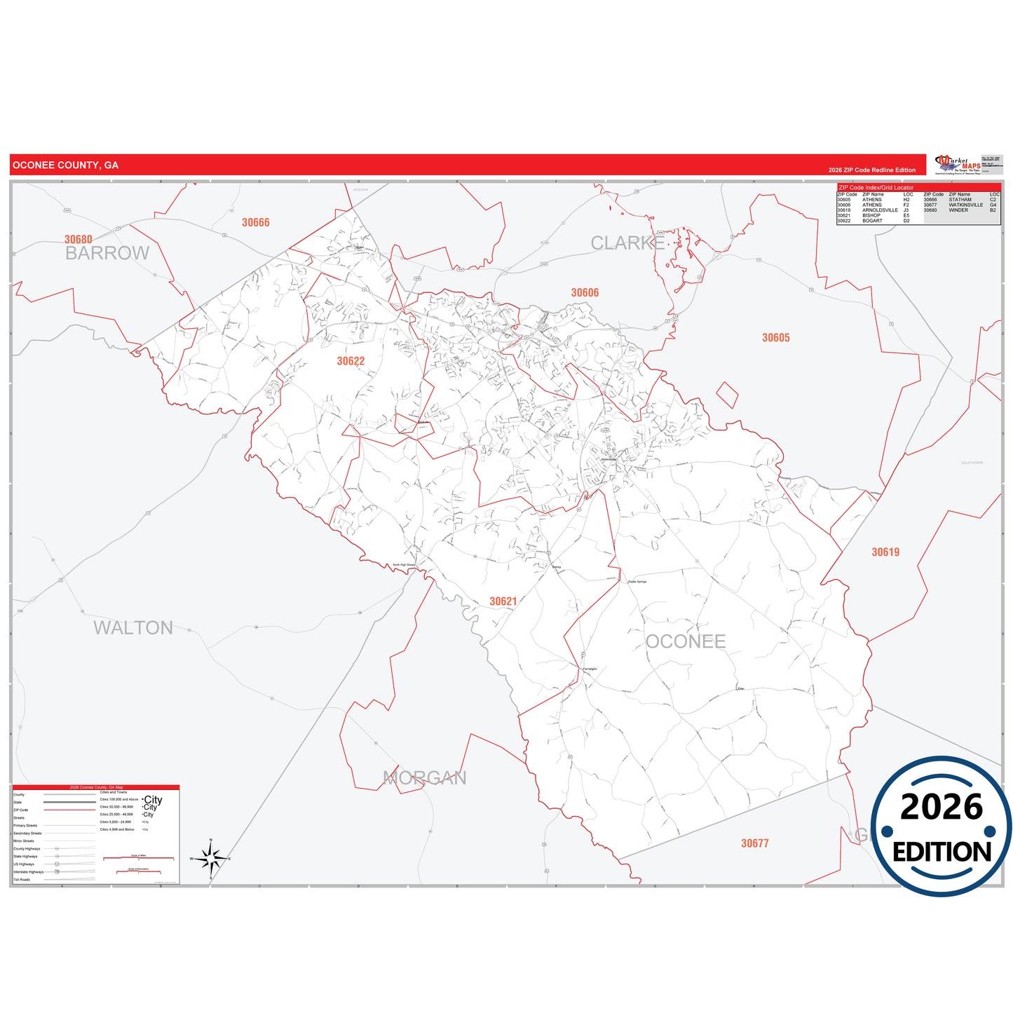 Oconee County, GA Red Line 5 Digit ZIP Code Wall Map
