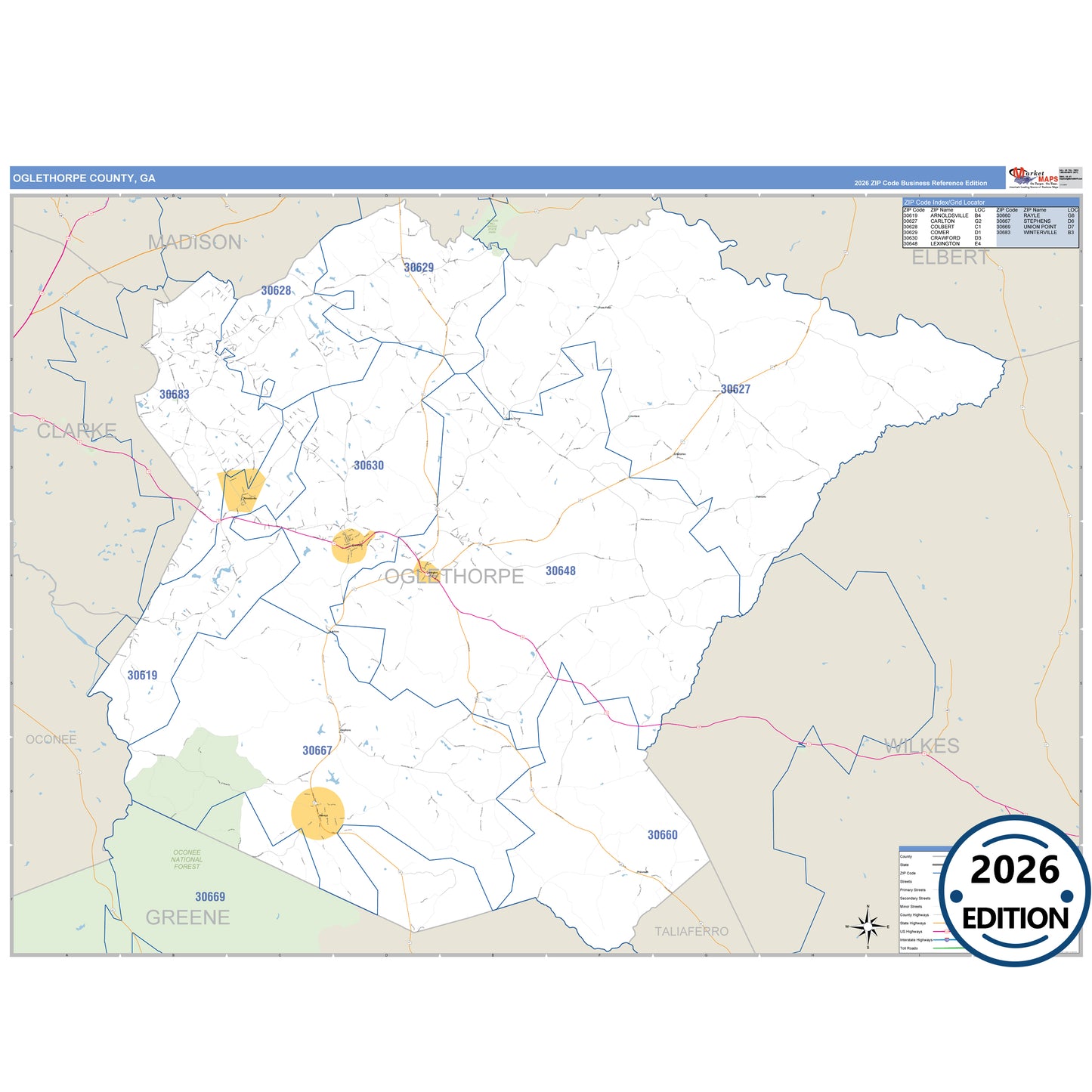 Oglethorpe County, GA Business Reference 5 Digit ZIP Code Wall Map
