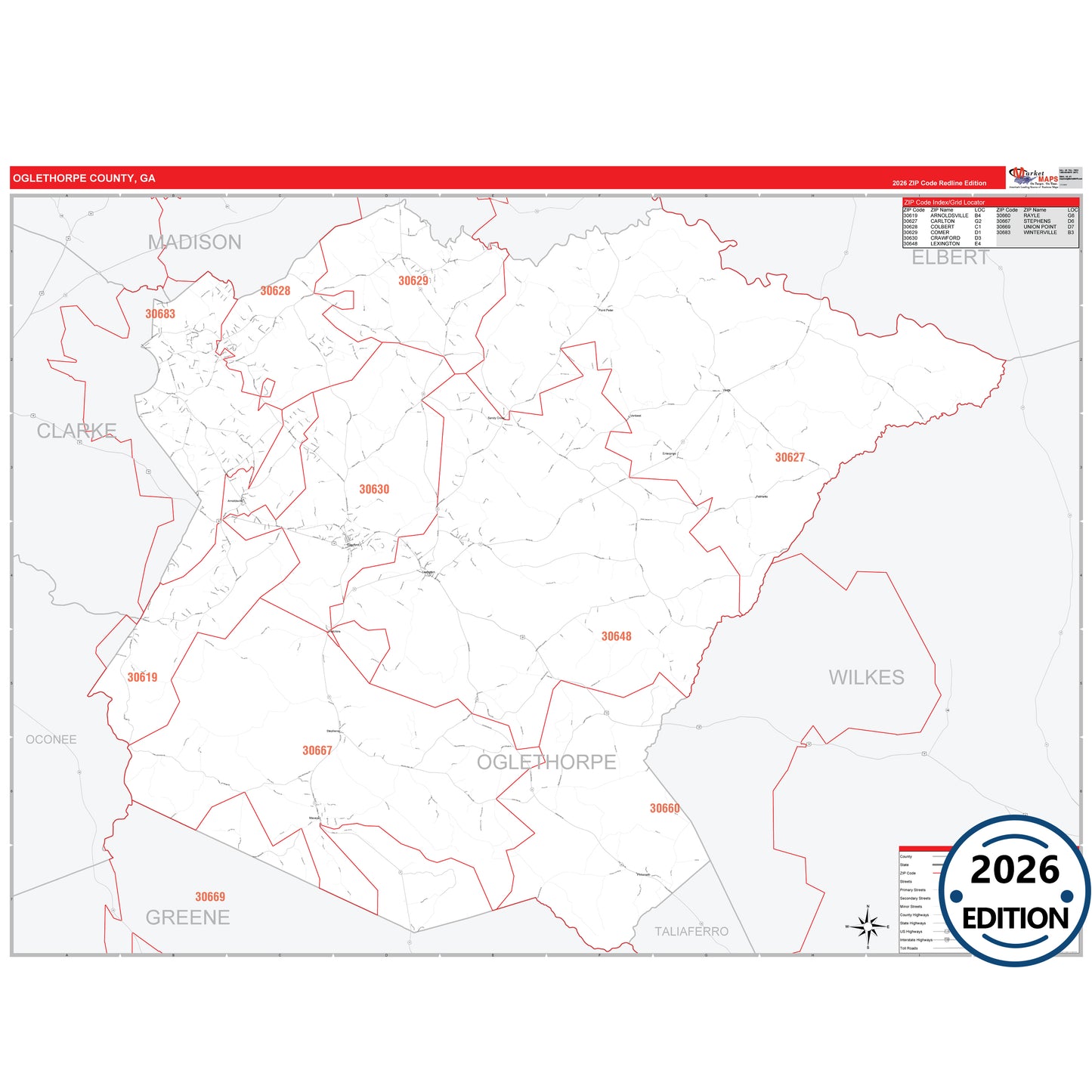 Oglethorpe County, GA Red Line 5 Digit ZIP Code Wall Map