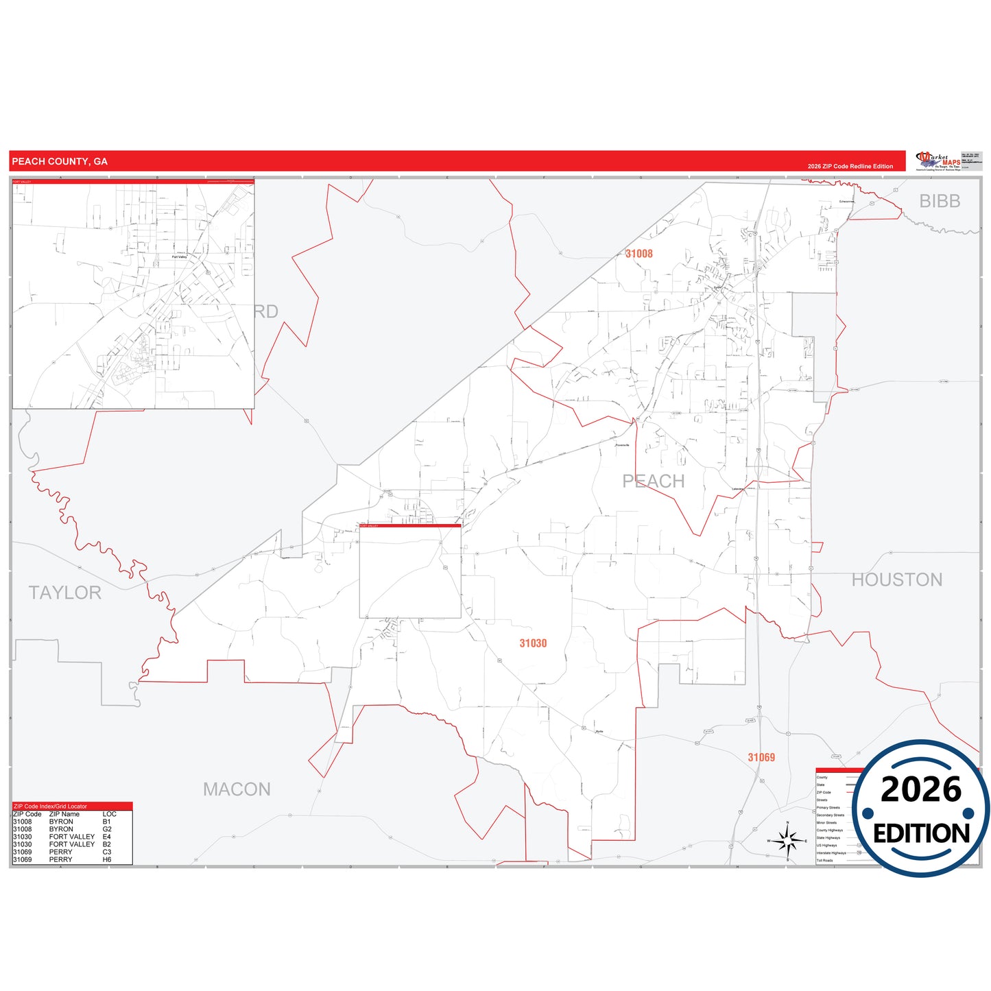 Peach County, GA Red Line 5 Digit ZIP Code Wall Map